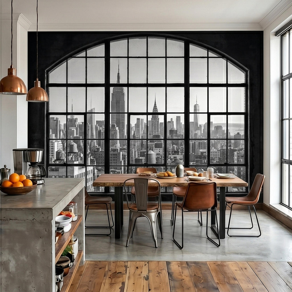 NYC Skyline Window Peel and Stick Wall Mural, Black and White New York City Loft View with Empire State Building, Industrial Photo Wallpaper