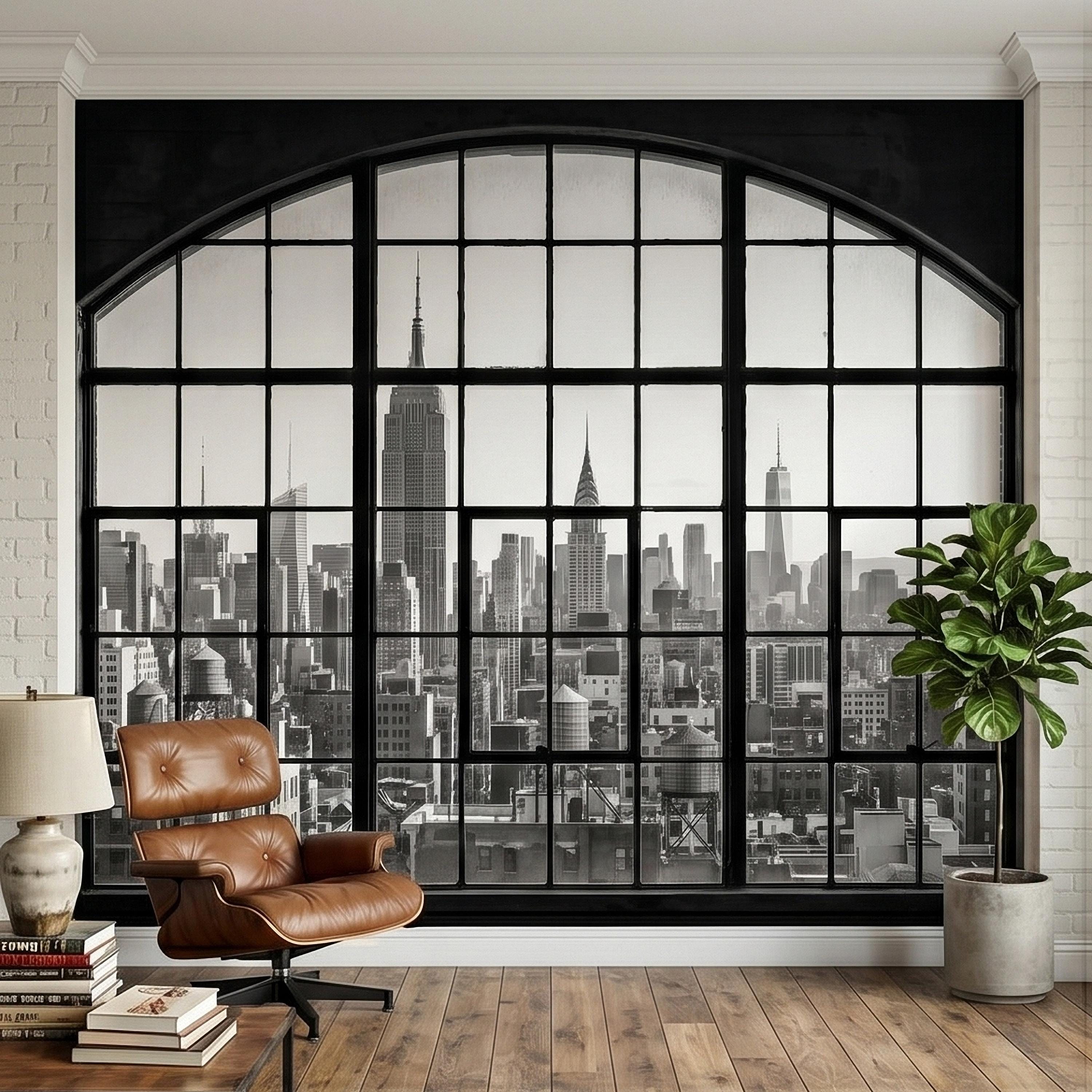NYC Skyline Window Peel and Stick Wall Mural, Black and White New York City Loft View with Empire State Building, Industrial Photo Wallpaper