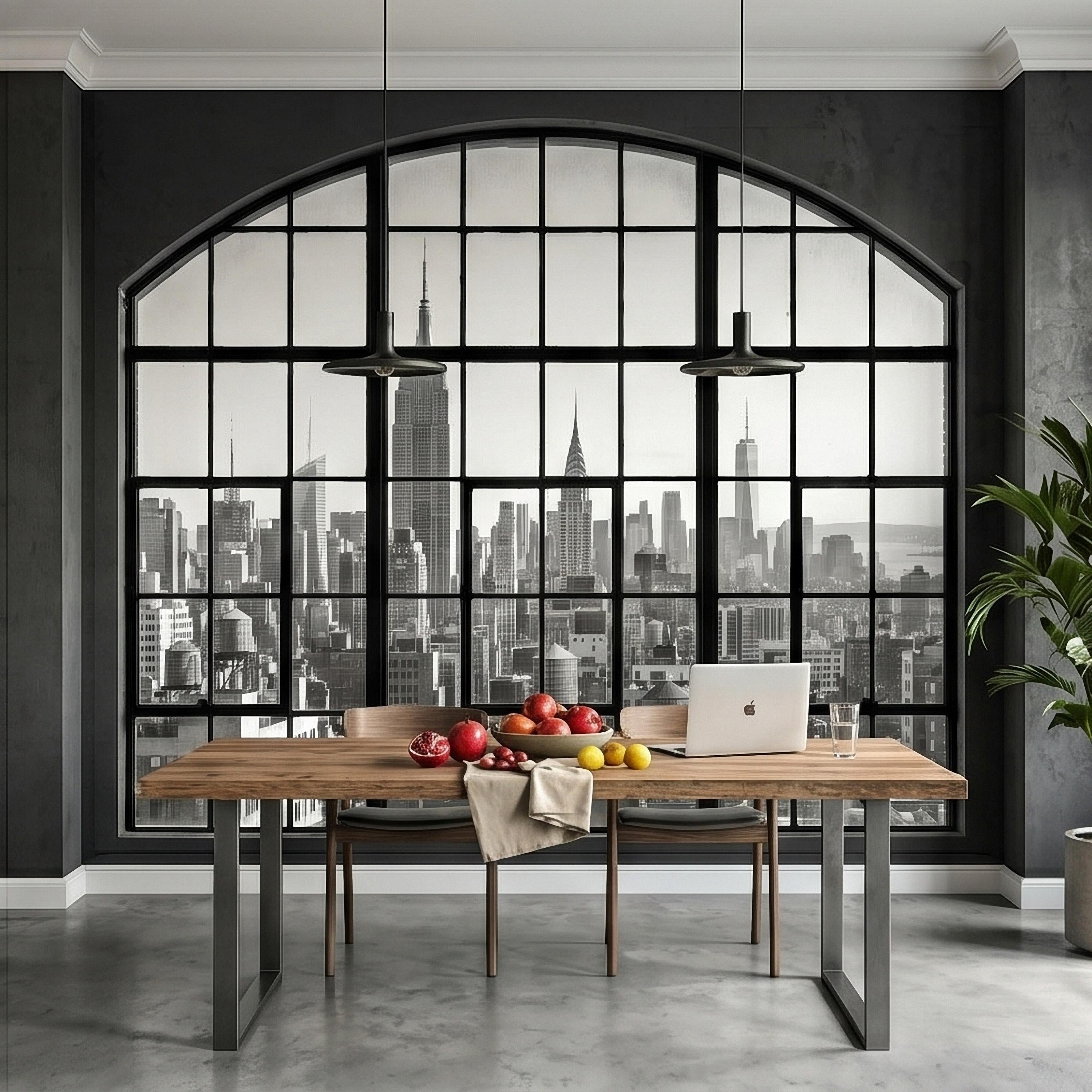 NYC Skyline Window Peel and Stick Wall Mural, Black and White New York City Loft View with Empire State Building, Industrial Photo Wallpaper