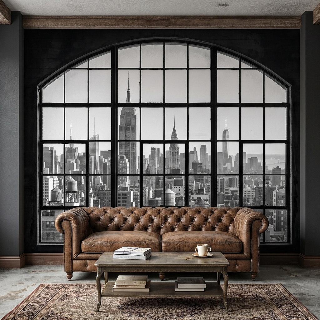NYC Skyline Window Peel and Stick Wall Mural, Black and White New York City Loft View with Empire State Building, Industrial Photo Wallpaper