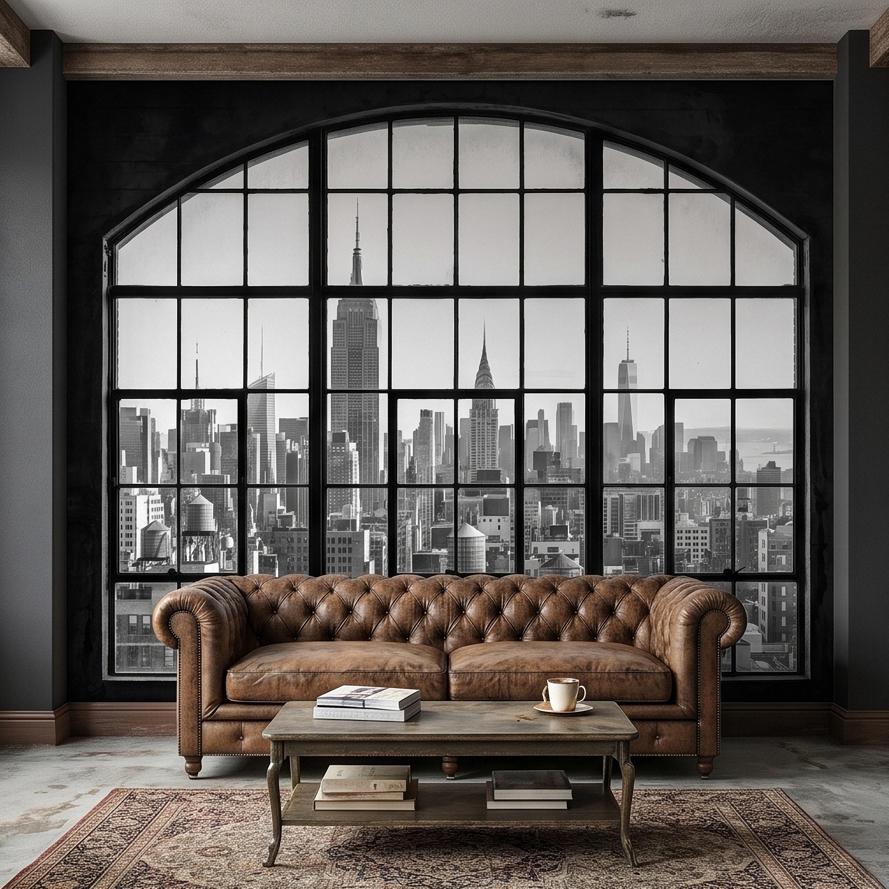 NYC Skyline Window Peel and Stick Wall Mural, Black and White New York City Loft View with Empire State Building, Industrial Photo Wallpaper