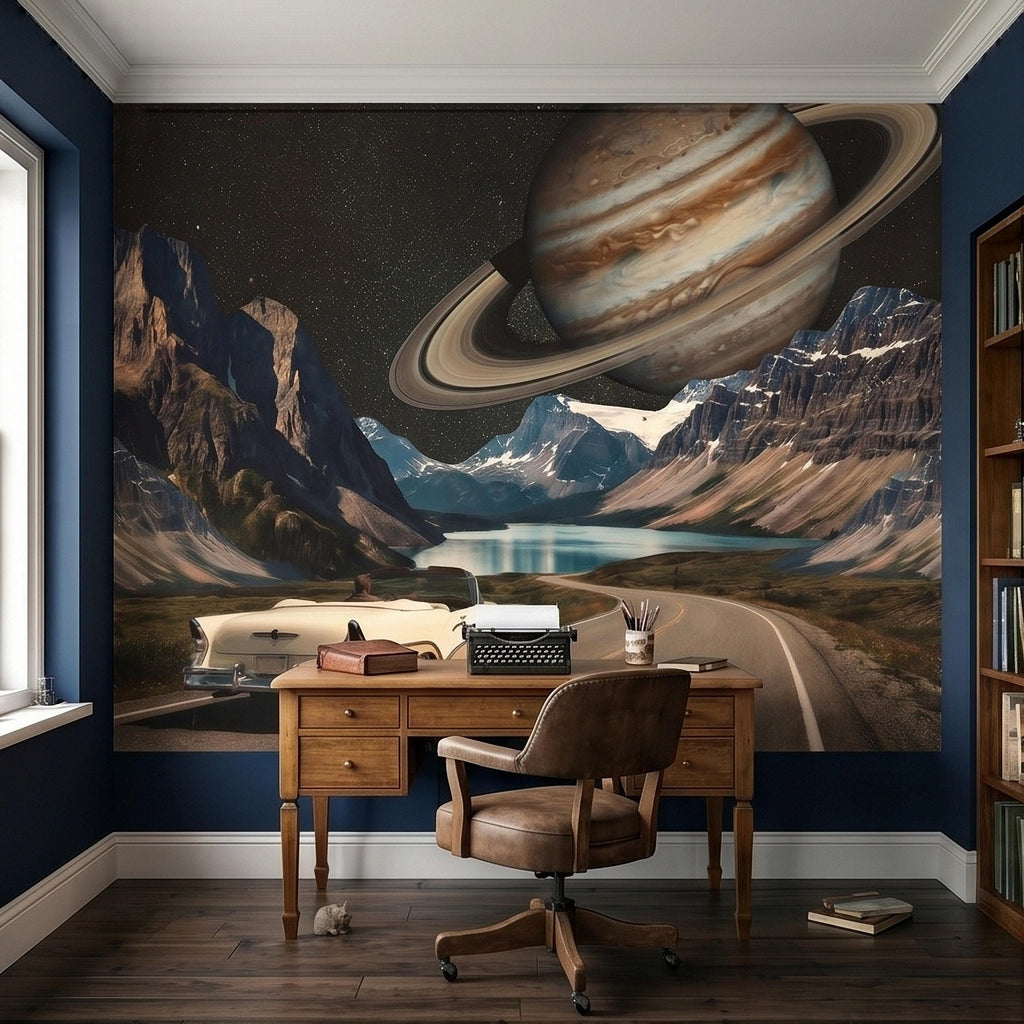 Surreal Space Road Trip Peel and Stick Wall Mural, Saturn Ringed Planet Over Mountain Lake Highway with Vintage Car, Cosmic Galaxy Wallpaper