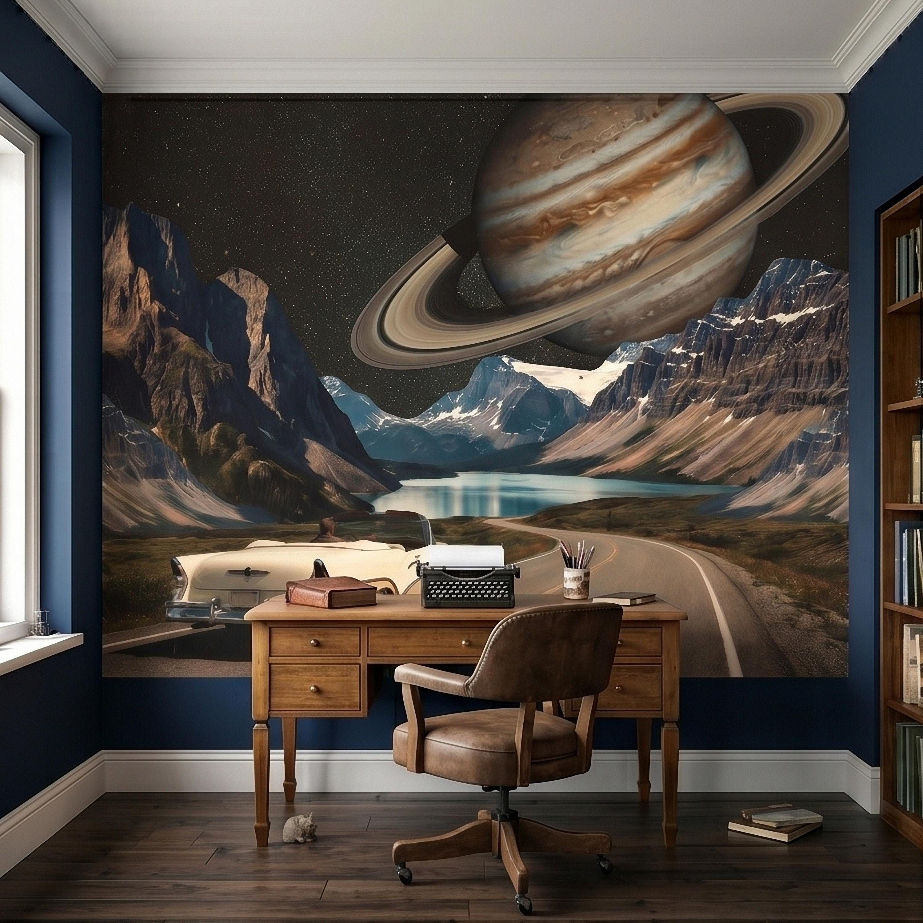 Surreal Space Road Trip Peel and Stick Wall Mural, Saturn Ringed Planet Over Mountain Lake Highway with Vintage Car, Cosmic Galaxy Wallpaper