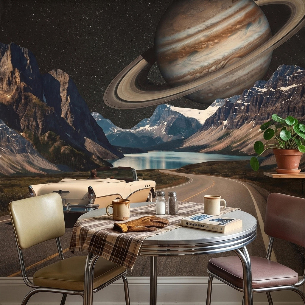 Surreal Space Road Trip Peel and Stick Wall Mural, Saturn Ringed Planet Over Mountain Lake Highway with Vintage Car, Cosmic Galaxy Wallpaper