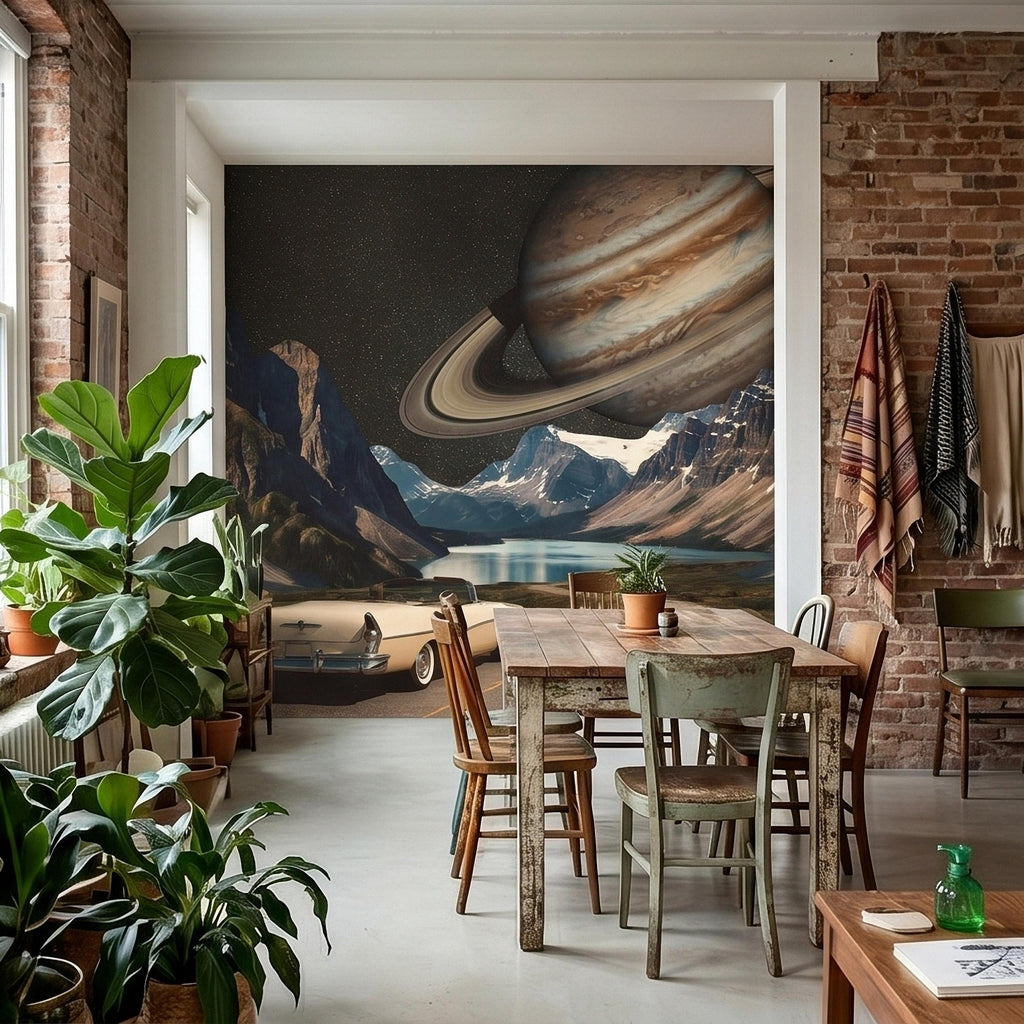 Surreal Space Road Trip Peel and Stick Wall Mural, Saturn Ringed Planet Over Mountain Lake Highway with Vintage Car, Cosmic Galaxy Wallpaper