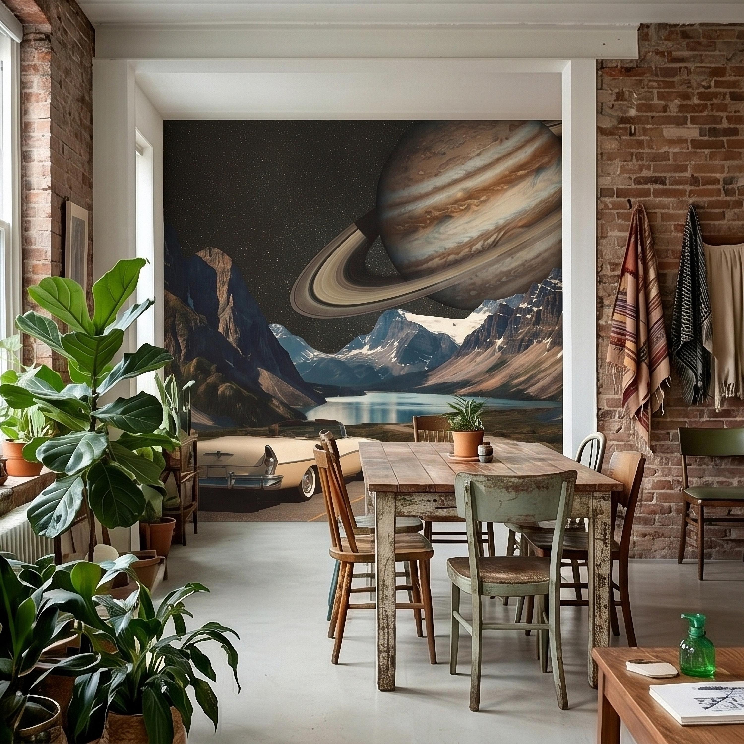 Surreal Space Road Trip Peel and Stick Wall Mural, Saturn Ringed Planet Over Mountain Lake Highway with Vintage Car, Cosmic Galaxy Wallpaper