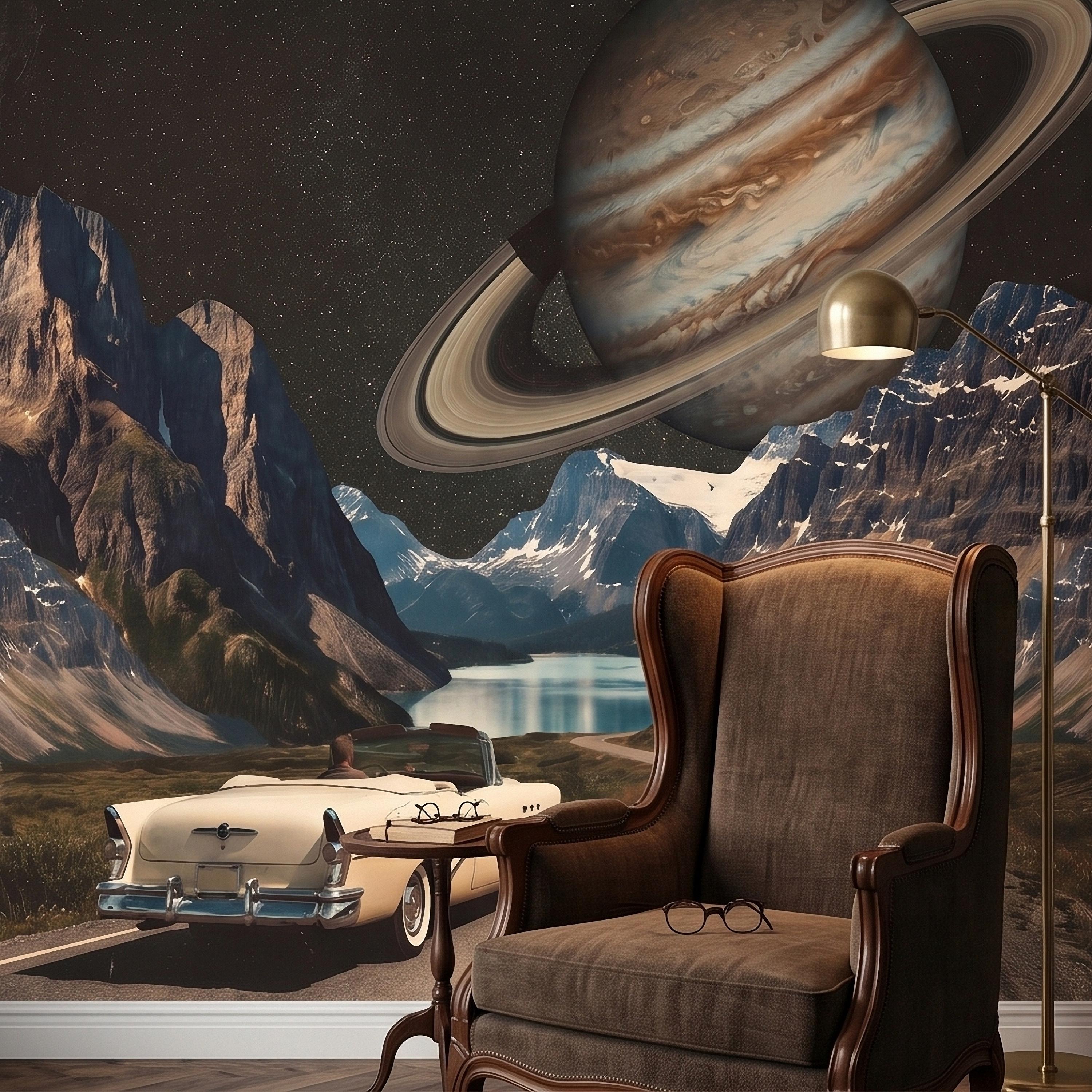 Surreal Space Road Trip Peel and Stick Wall Mural, Saturn Ringed Planet Over Mountain Lake Highway with Vintage Car, Cosmic Galaxy Wallpaper