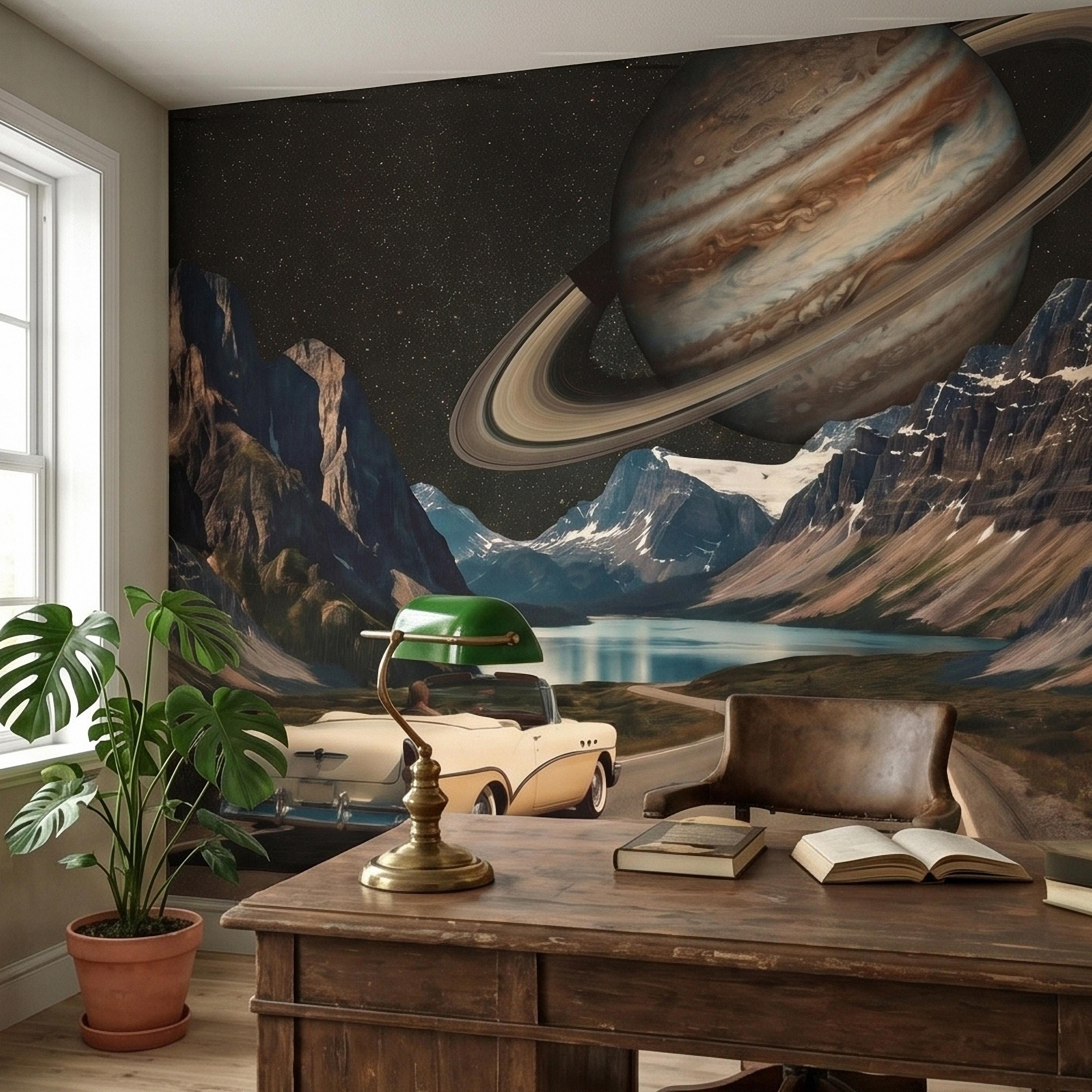Surreal Space Road Trip Peel and Stick Wall Mural, Saturn Ringed Planet Over Mountain Lake Highway with Vintage Car, Cosmic Galaxy Wallpaper