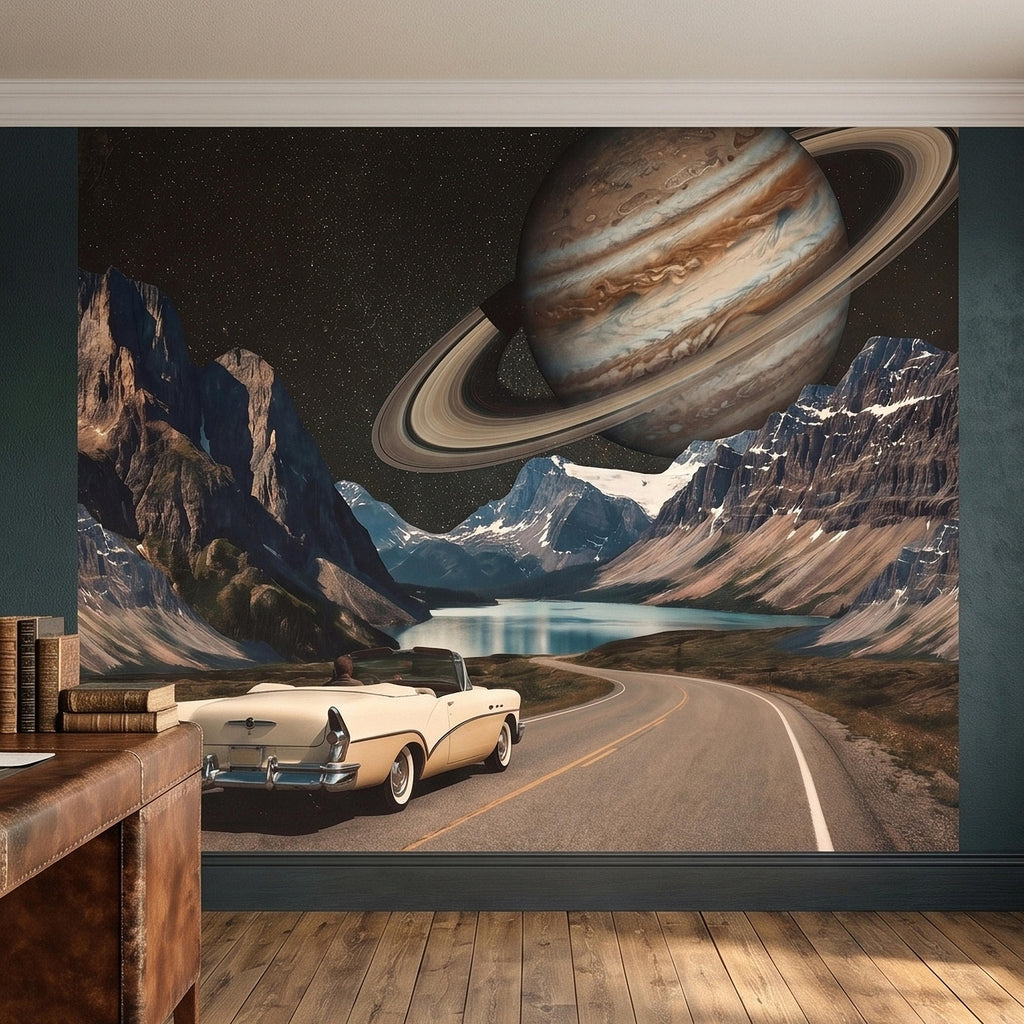Surreal Space Road Trip Peel and Stick Wall Mural, Saturn Ringed Planet Over Mountain Lake Highway with Vintage Car, Cosmic Galaxy Wallpaper