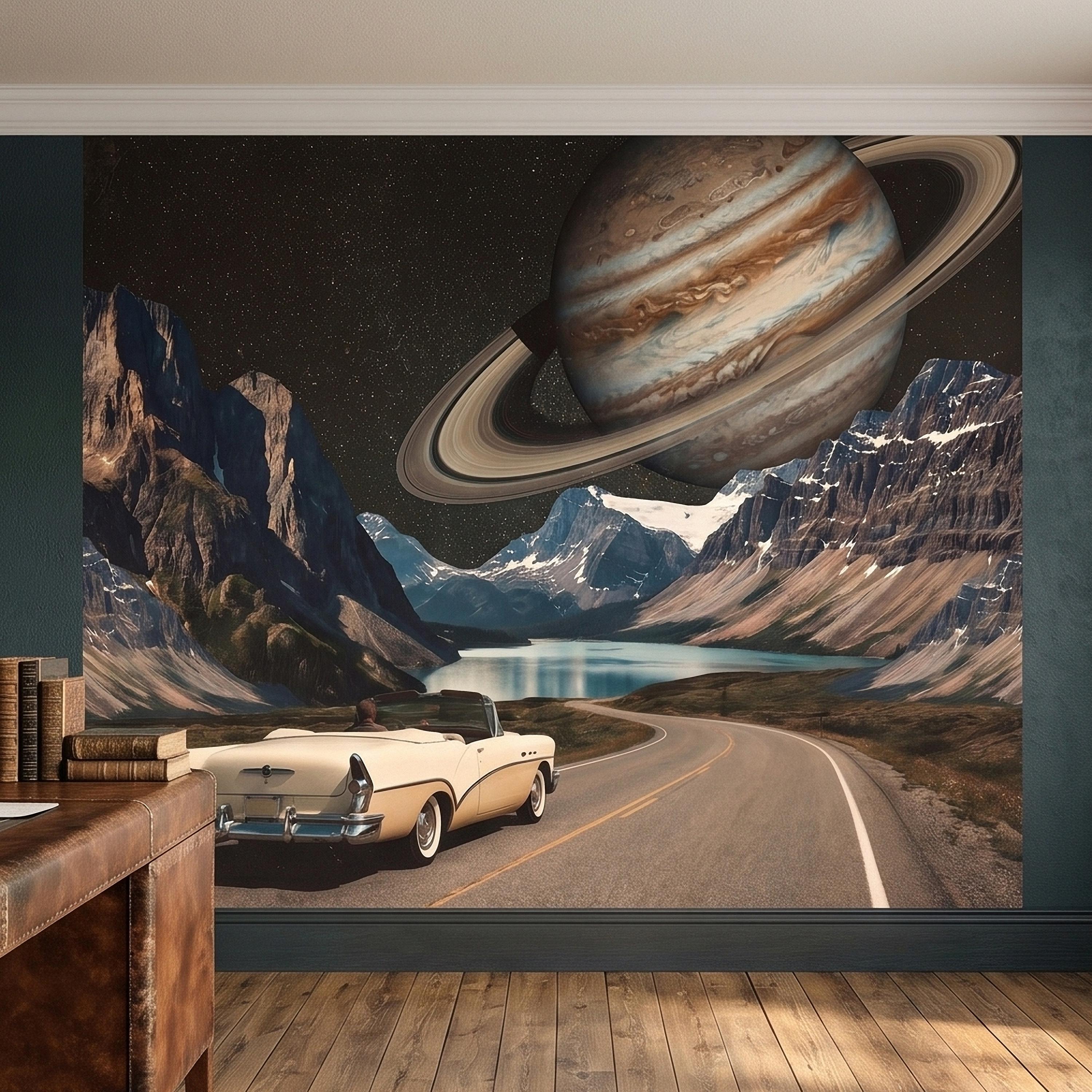 Surreal Space Road Trip Peel and Stick Wall Mural, Saturn Ringed Planet Over Mountain Lake Highway with Vintage Car, Cosmic Galaxy Wallpaper