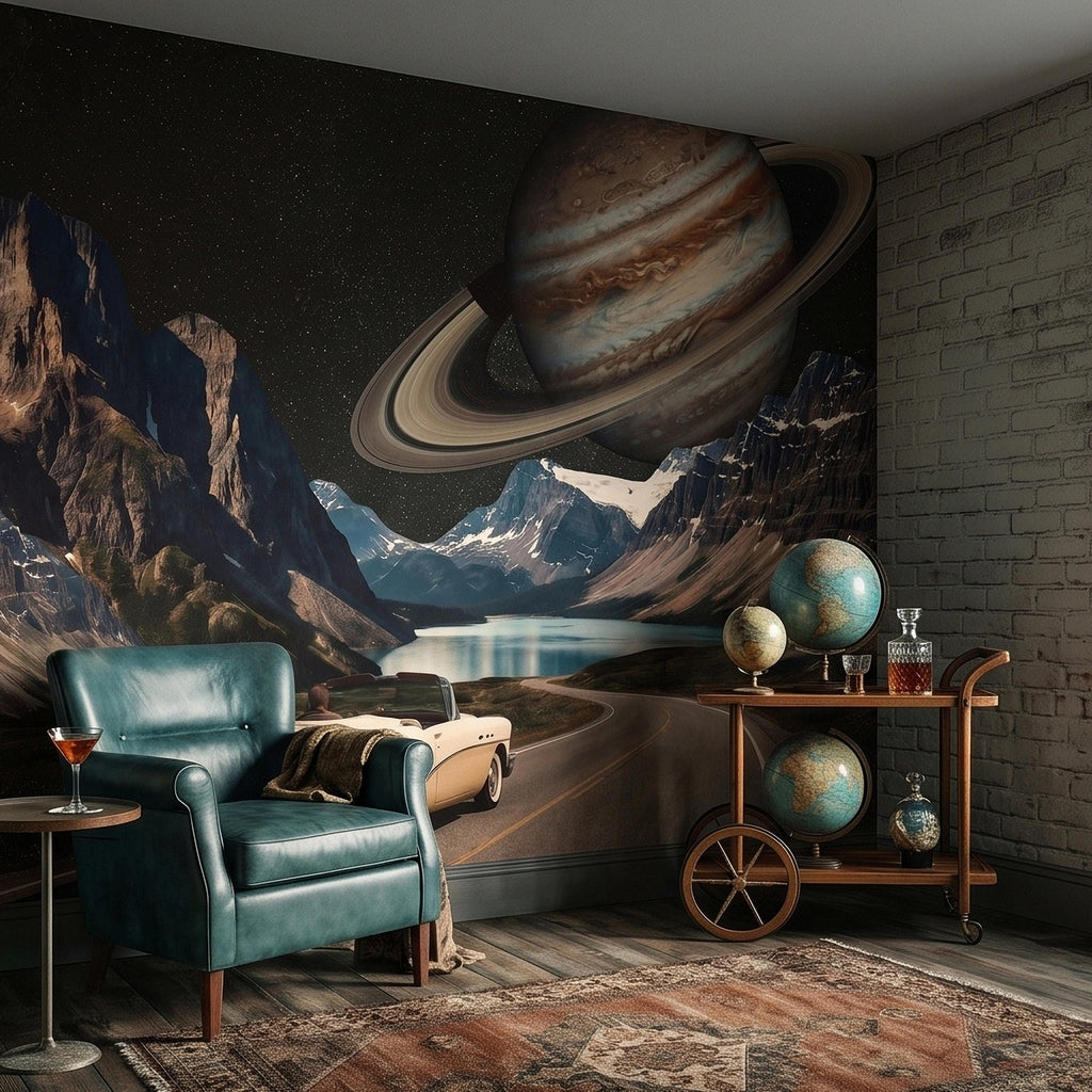 Surreal Space Road Trip Peel and Stick Wall Mural, Saturn Ringed Planet Over Mountain Lake Highway with Vintage Car, Cosmic Galaxy Wallpaper
