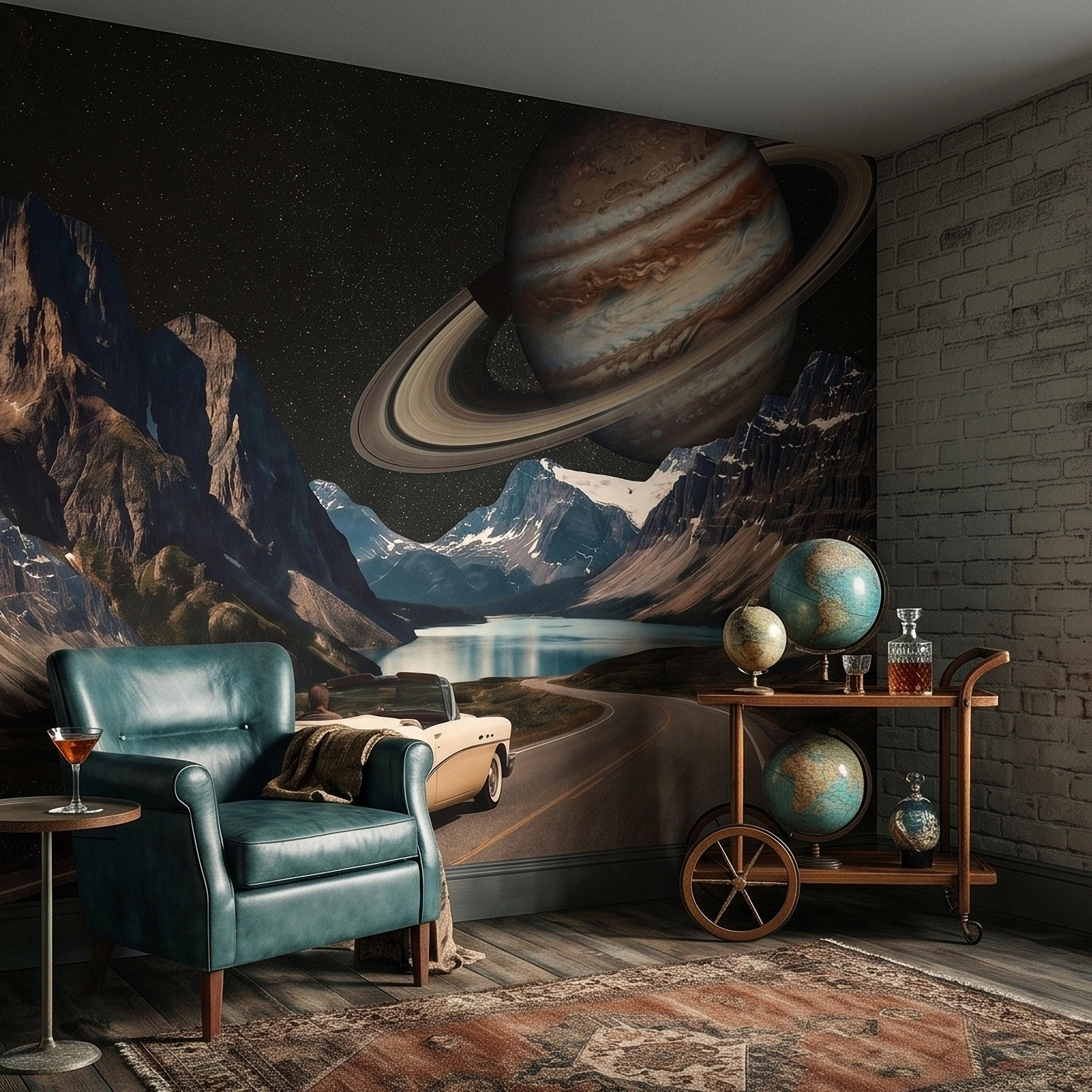 Surreal Space Road Trip Peel and Stick Wall Mural, Saturn Ringed Planet Over Mountain Lake Highway with Vintage Car, Cosmic Galaxy Wallpaper