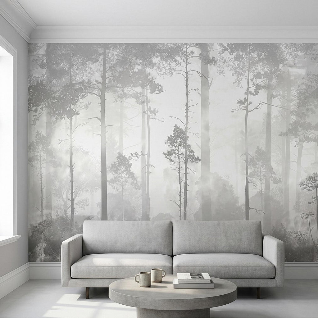 Gray Misty Forest Peel and Stick Wall Mural, Monochrome Woodland Tree Silhouettes, Foggy Botanical Ferns Minimal Soft Scandinavian Wallpaper
