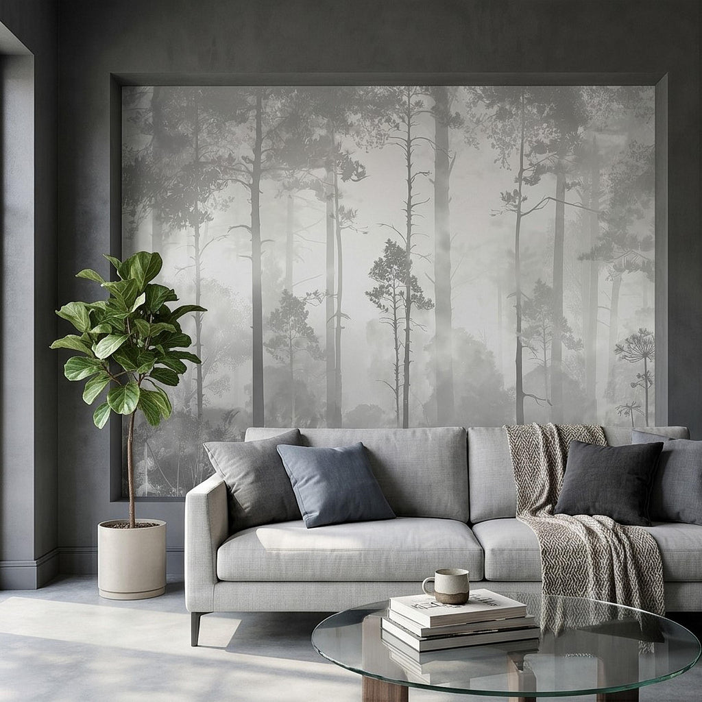 Gray Misty Forest Peel and Stick Wall Mural, Monochrome Woodland Tree Silhouettes, Foggy Botanical Ferns Minimal Soft Scandinavian Wallpaper