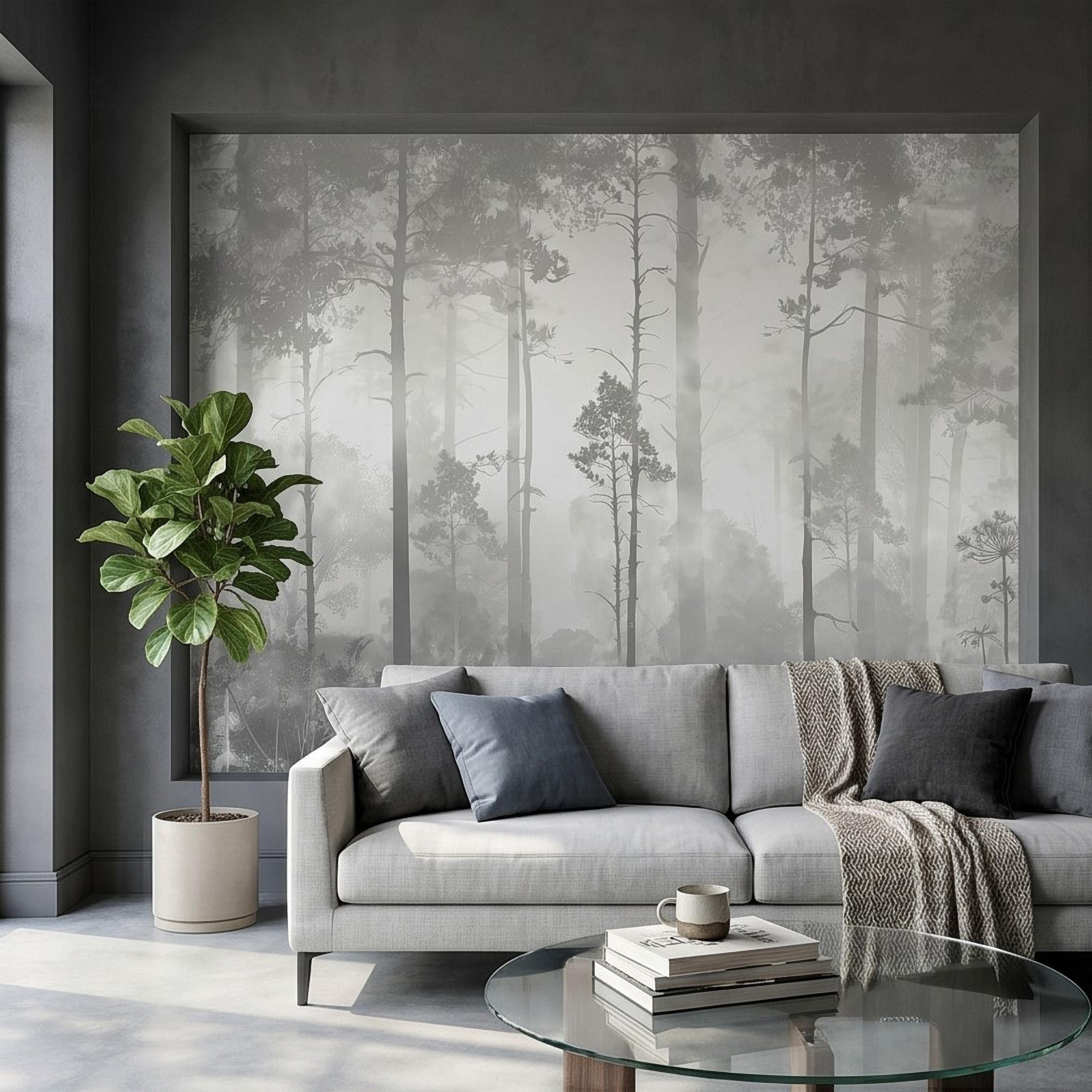 Gray Misty Forest Peel and Stick Wall Mural, Monochrome Woodland Tree Silhouettes, Foggy Botanical Ferns Minimal Soft Scandinavian Wallpaper