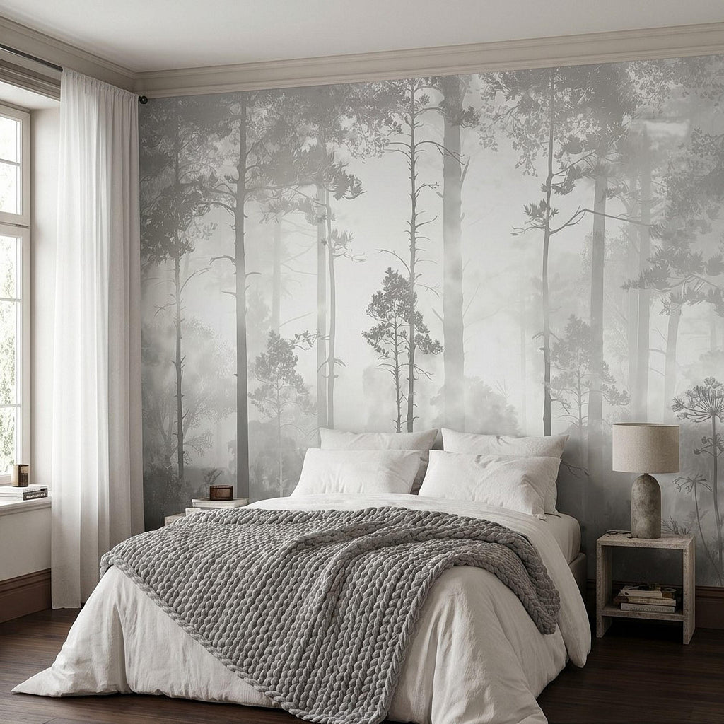 Gray Misty Forest Peel and Stick Wall Mural, Monochrome Woodland Tree Silhouettes, Foggy Botanical Ferns Minimal Soft Scandinavian Wallpaper