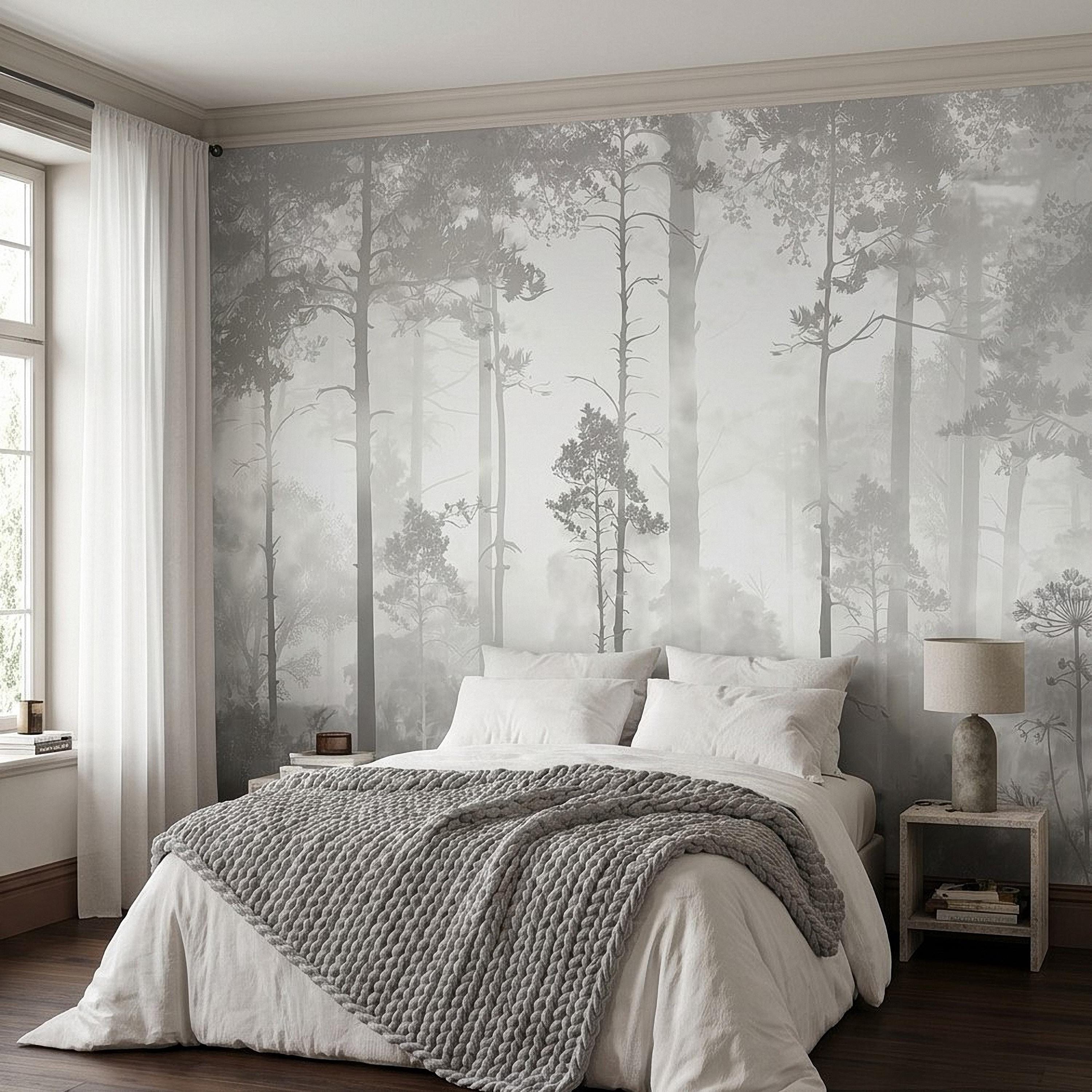 Gray Misty Forest Peel and Stick Wall Mural, Monochrome Woodland Tree Silhouettes, Foggy Botanical Ferns Minimal Soft Scandinavian Wallpaper