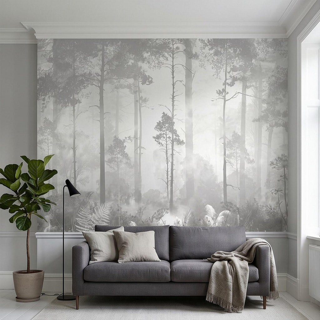 Gray Misty Forest Peel and Stick Wall Mural, Monochrome Woodland Tree Silhouettes, Foggy Botanical Ferns Minimal Soft Scandinavian Wallpaper