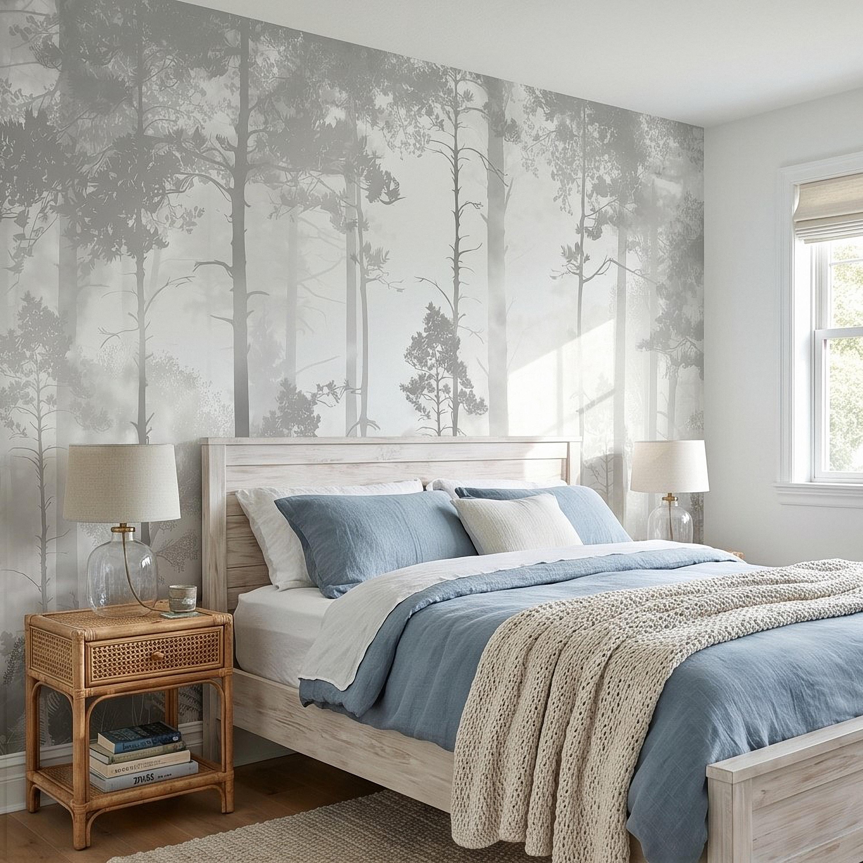 Gray Misty Forest Peel and Stick Wall Mural, Monochrome Woodland Tree Silhouettes, Foggy Botanical Ferns Minimal Soft Scandinavian Wallpaper