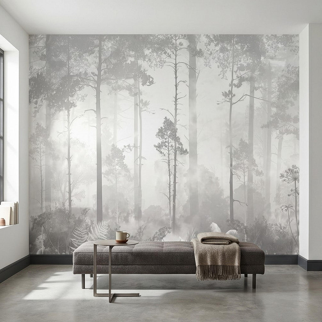 Gray Misty Forest Peel and Stick Wall Mural, Monochrome Woodland Tree Silhouettes, Foggy Botanical Ferns Minimal Soft Scandinavian Wallpaper