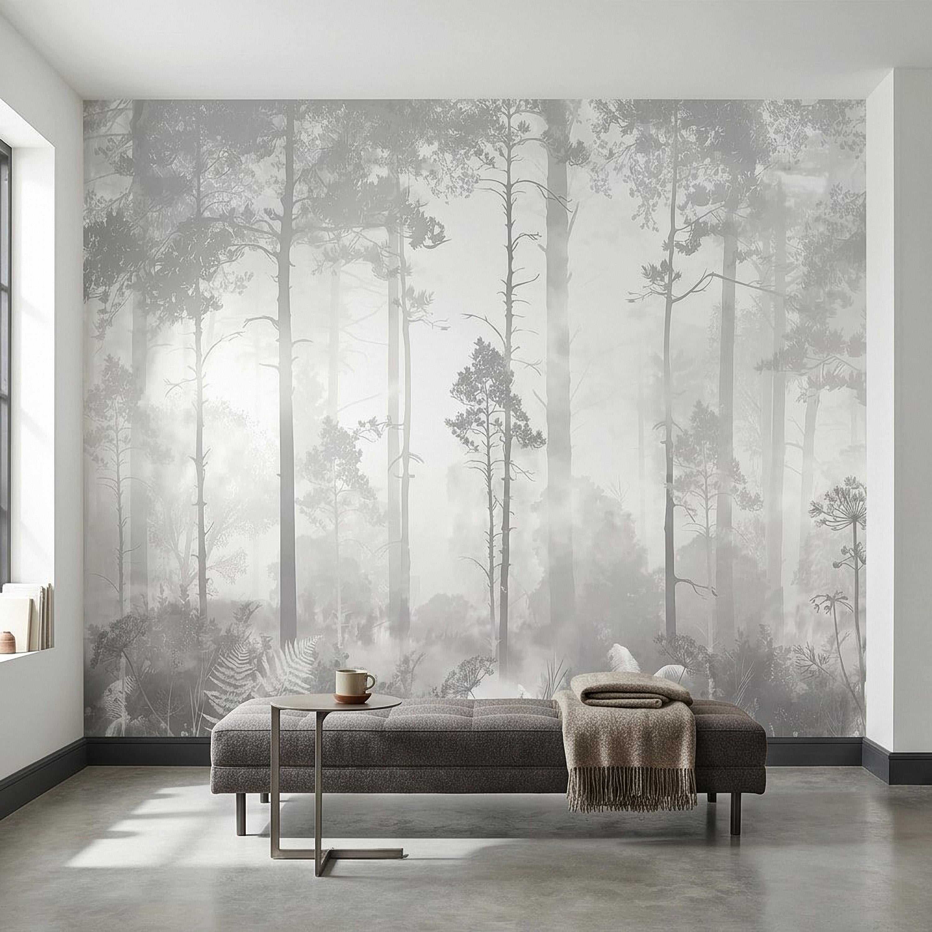 Gray Misty Forest Peel and Stick Wall Mural, Monochrome Woodland Tree Silhouettes, Foggy Botanical Ferns Minimal Soft Scandinavian Wallpaper