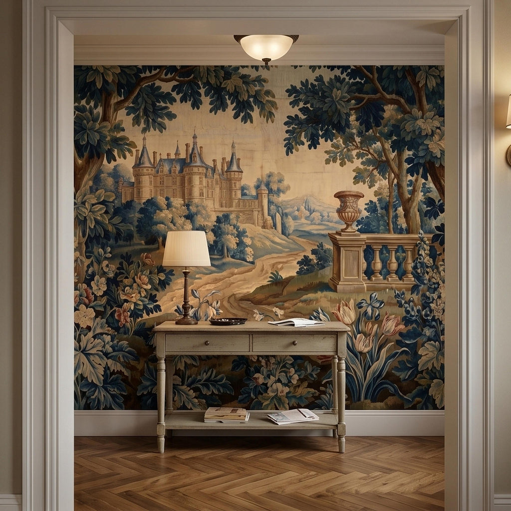 Blue Verdure Chateau Garden Peel and Stick Wall Mural, Vintage French Scenic Landscape Floral Border Stone Terrace Classic Toile Wallpaper