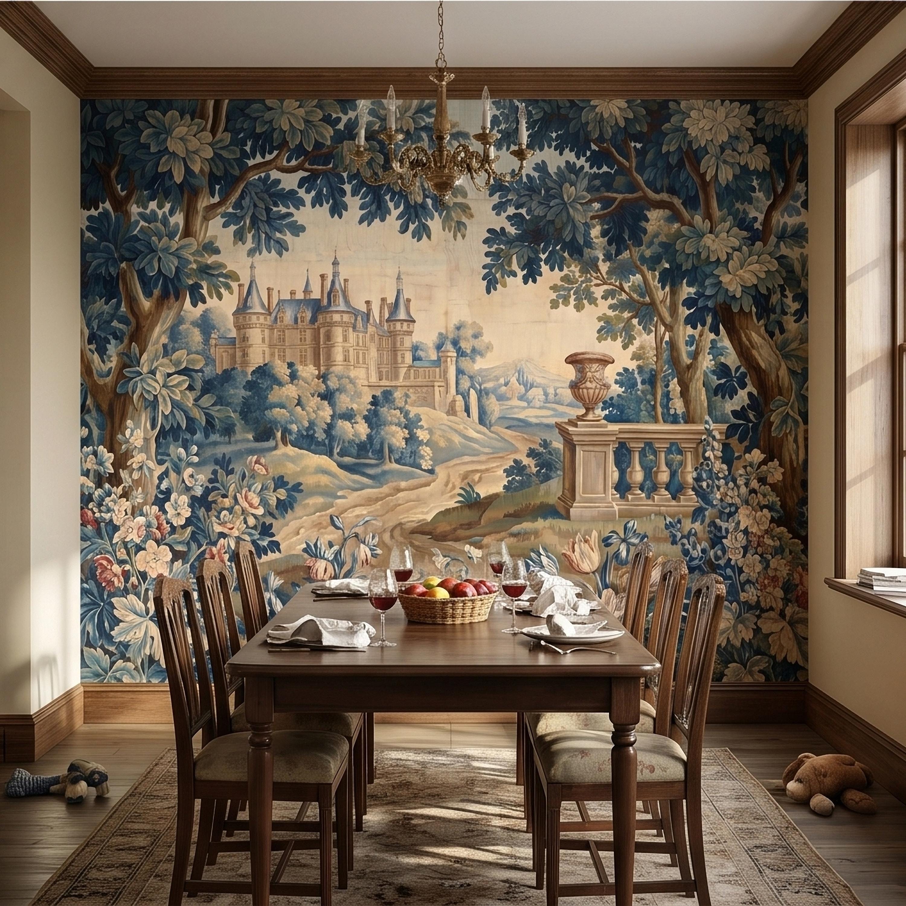 Blue Verdure Chateau Garden Peel and Stick Wall Mural, Vintage French Scenic Landscape Floral Border Stone Terrace Classic Toile Wallpaper