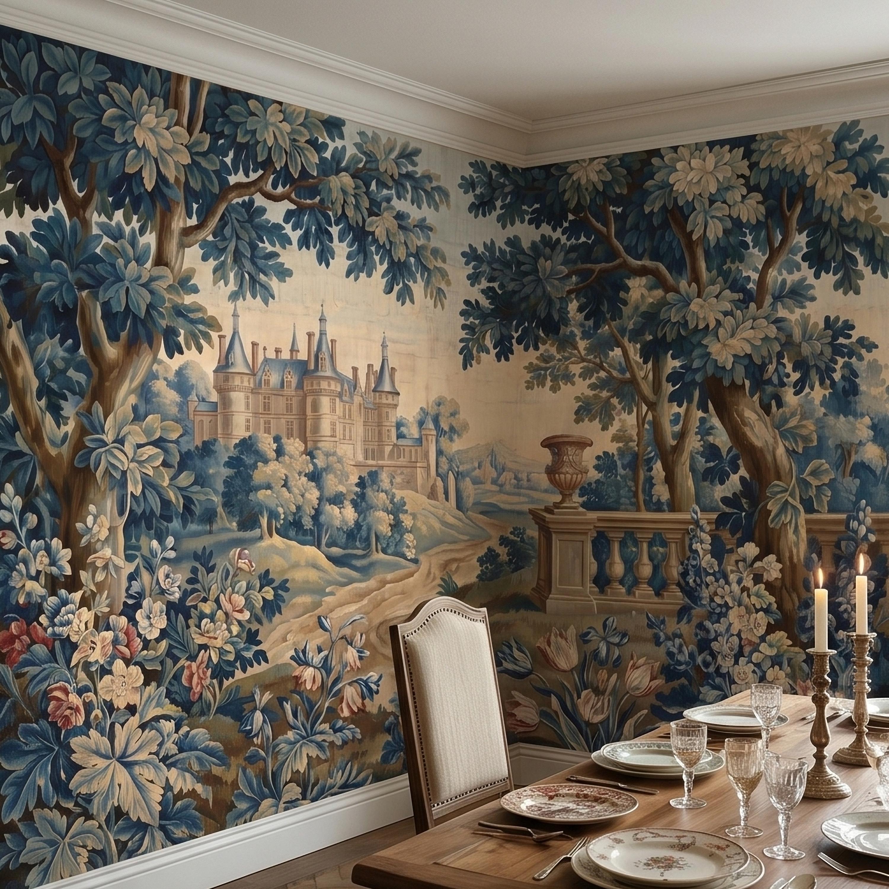 Blue Verdure Chateau Garden Peel and Stick Wall Mural, Vintage French Scenic Landscape Floral Border Stone Terrace Classic Toile Wallpaper