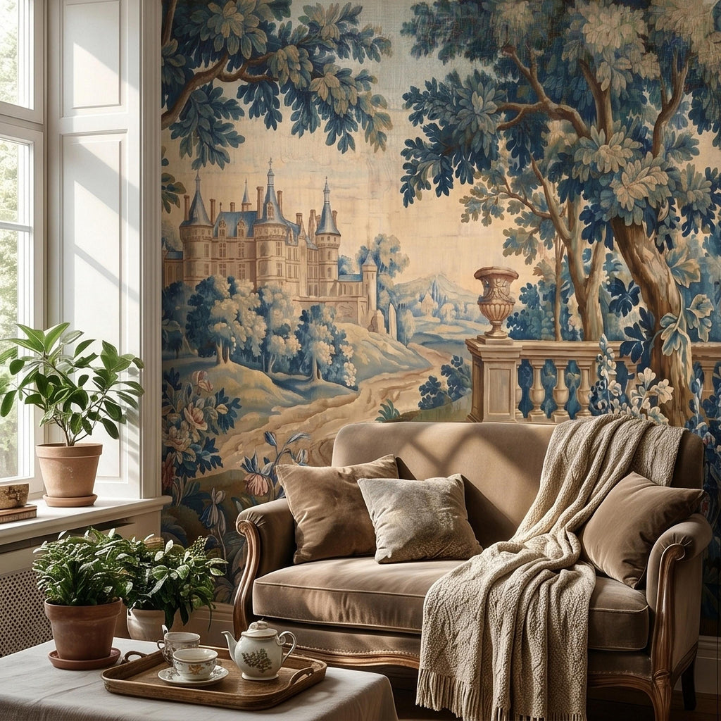 Blue Verdure Chateau Garden Peel and Stick Wall Mural, Vintage French Scenic Landscape Floral Border Stone Terrace Classic Toile Wallpaper
