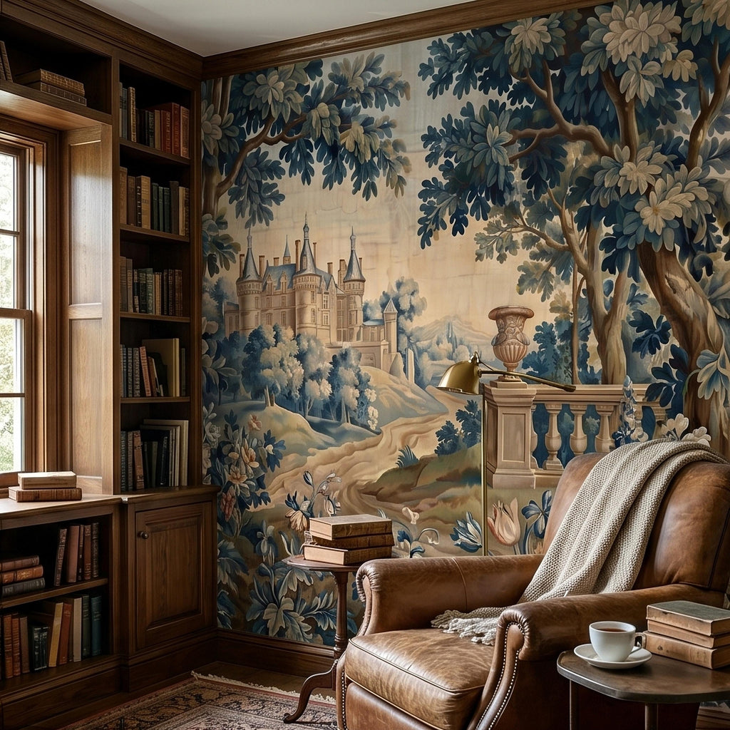 Blue Verdure Chateau Garden Peel and Stick Wall Mural, Vintage French Scenic Landscape Floral Border Stone Terrace Classic Toile Wallpaper