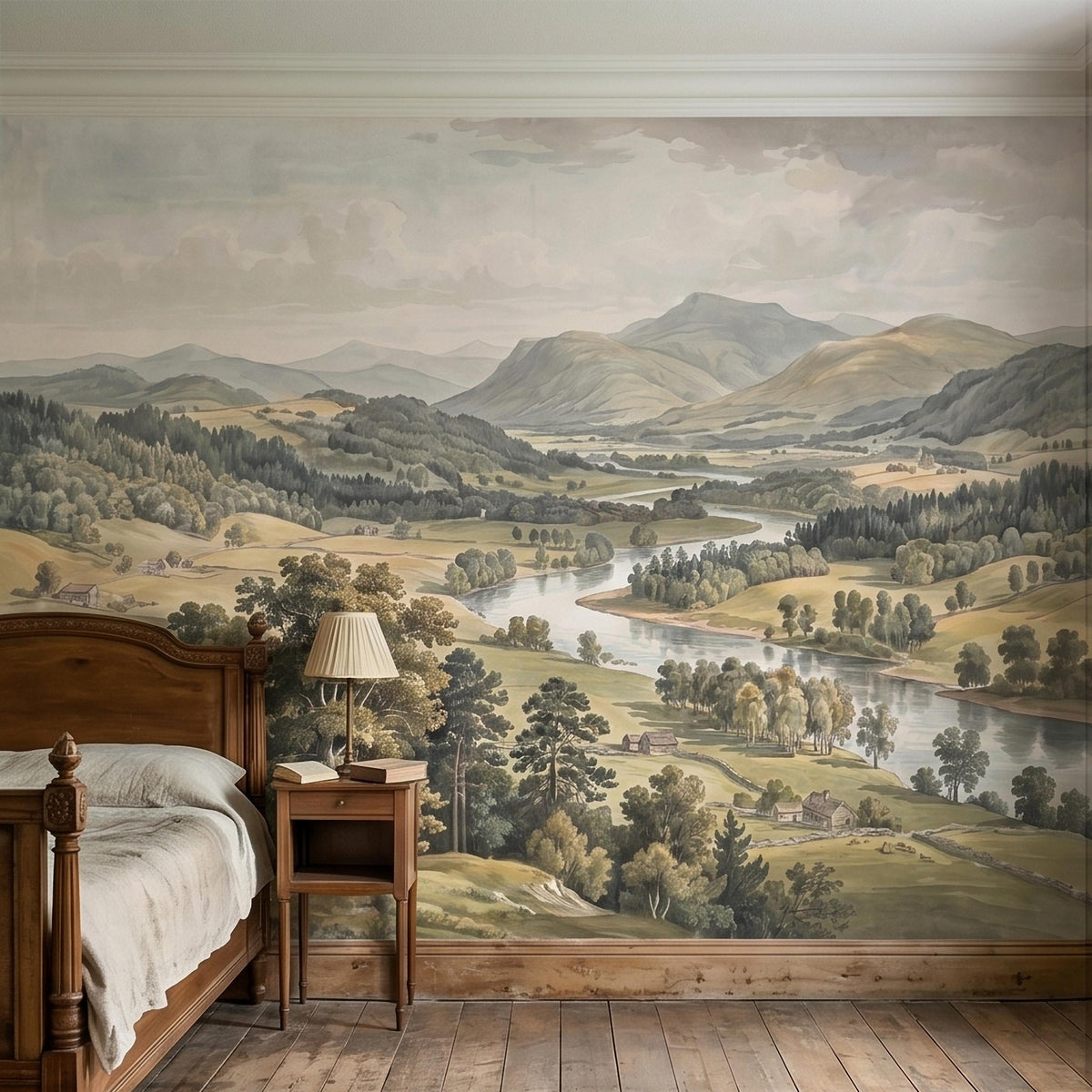 Vintage Watercolor Mountain Valley Peel and Stick Wall Mural, Soft Neutral River Landscape with Rolling Hills Farmhouses Scenic Wallpaper - The Fine Art Murals