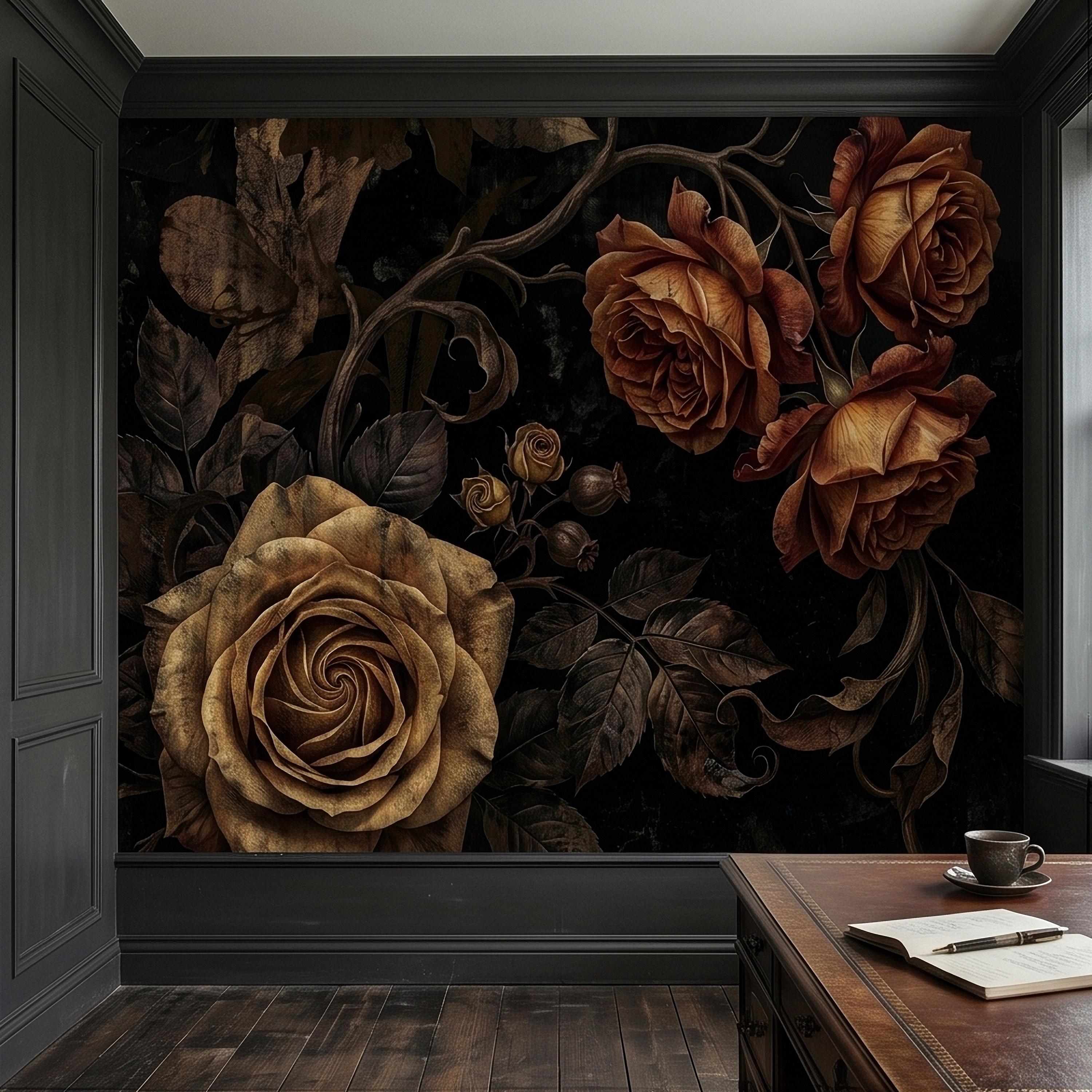 Moody Dark Roses Peel and Stick Wall Mural, Vintage Antique Black Floral Botanical with Bronze Roses, Dramatic Victorian Gothic Wallpaper