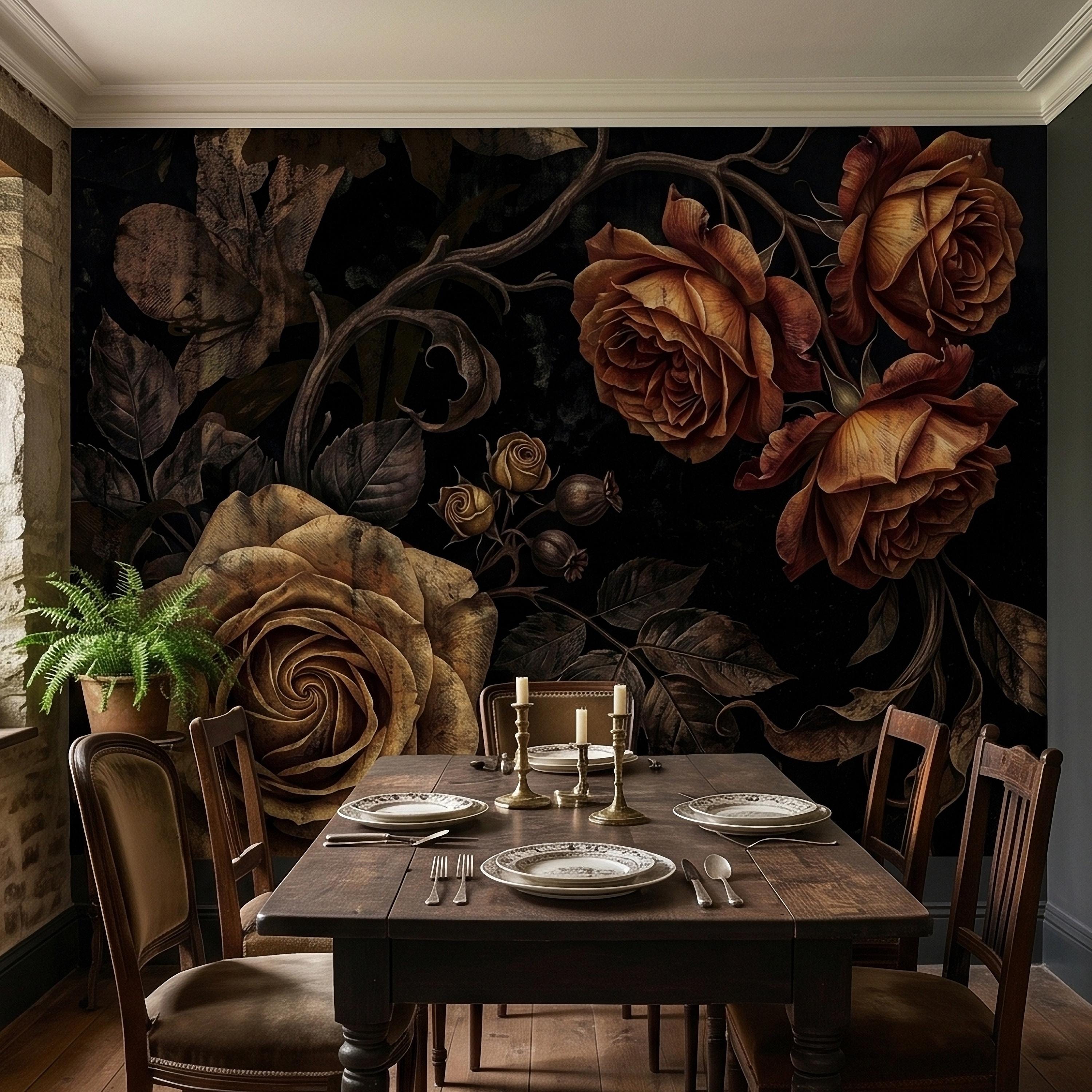 Moody Dark Roses Peel and Stick Wall Mural, Vintage Antique Black Floral Botanical with Bronze Roses, Dramatic Victorian Gothic Wallpaper