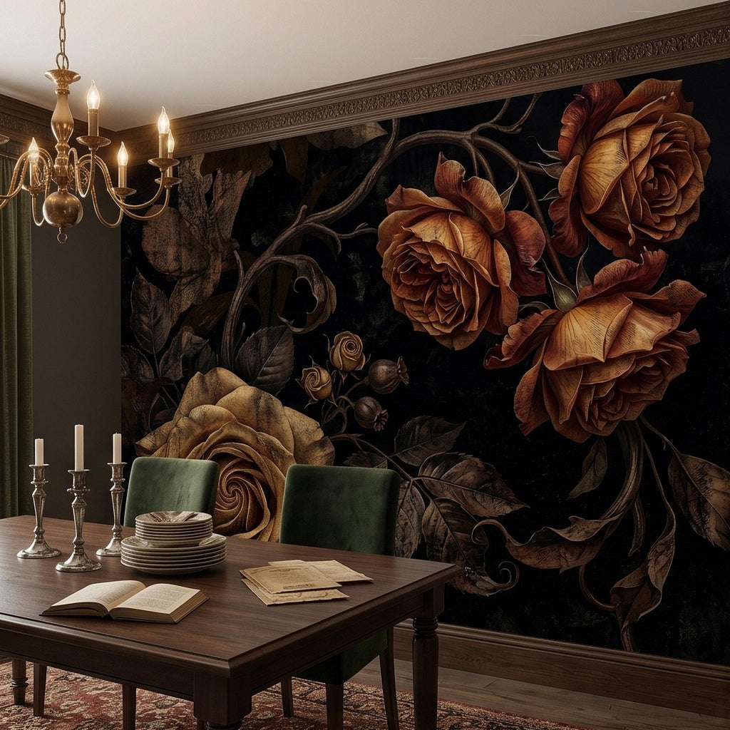 Moody Dark Roses Peel and Stick Wall Mural, Vintage Antique Black Floral Botanical with Bronze Roses, Dramatic Victorian Gothic Wallpaper