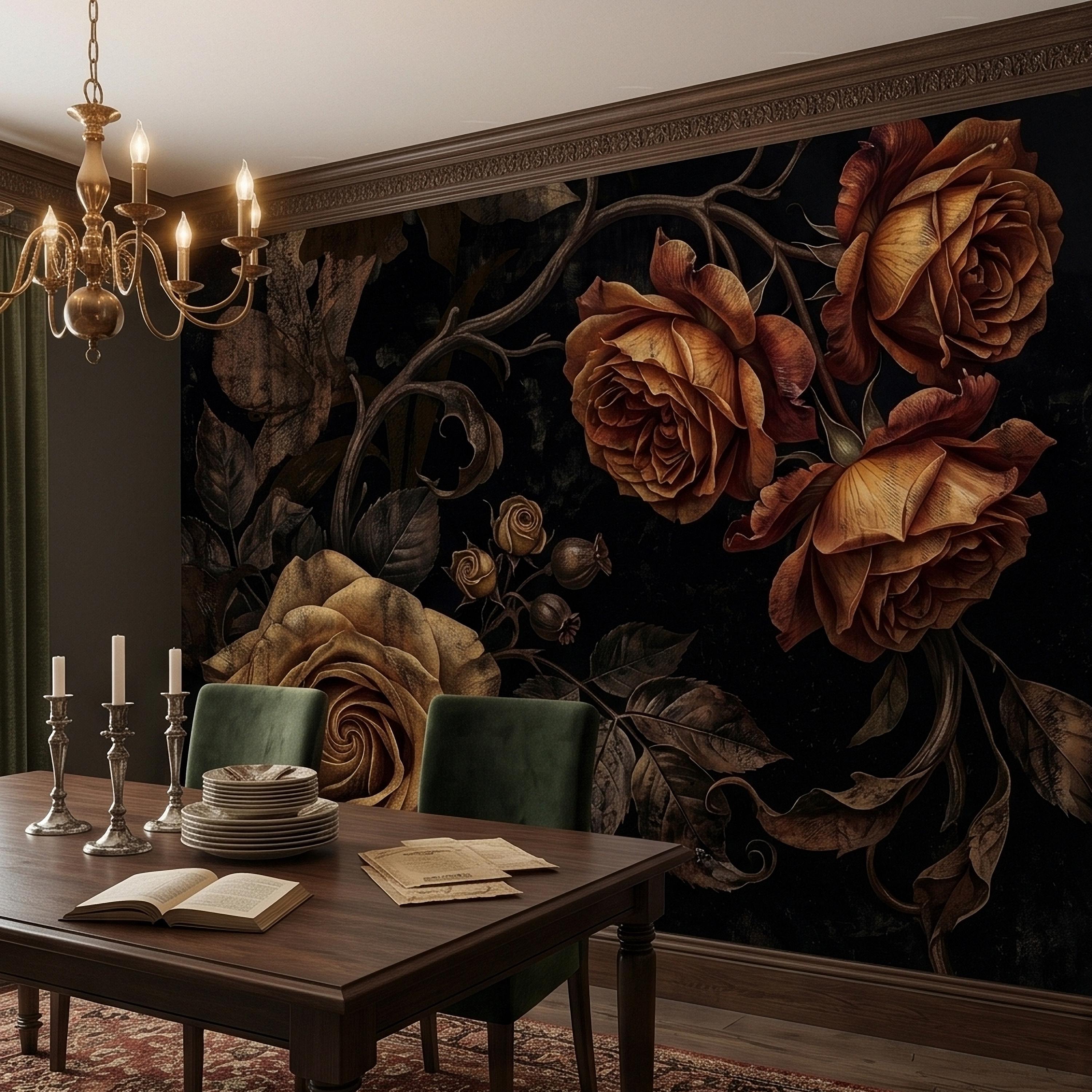Moody Dark Roses Peel and Stick Wall Mural, Vintage Antique Black Floral Botanical with Bronze Roses, Dramatic Victorian Gothic Wallpaper