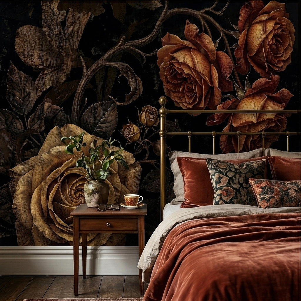 Moody Dark Roses Peel and Stick Wall Mural, Vintage Antique Black Floral Botanical with Bronze Roses, Dramatic Victorian Gothic Wallpaper
