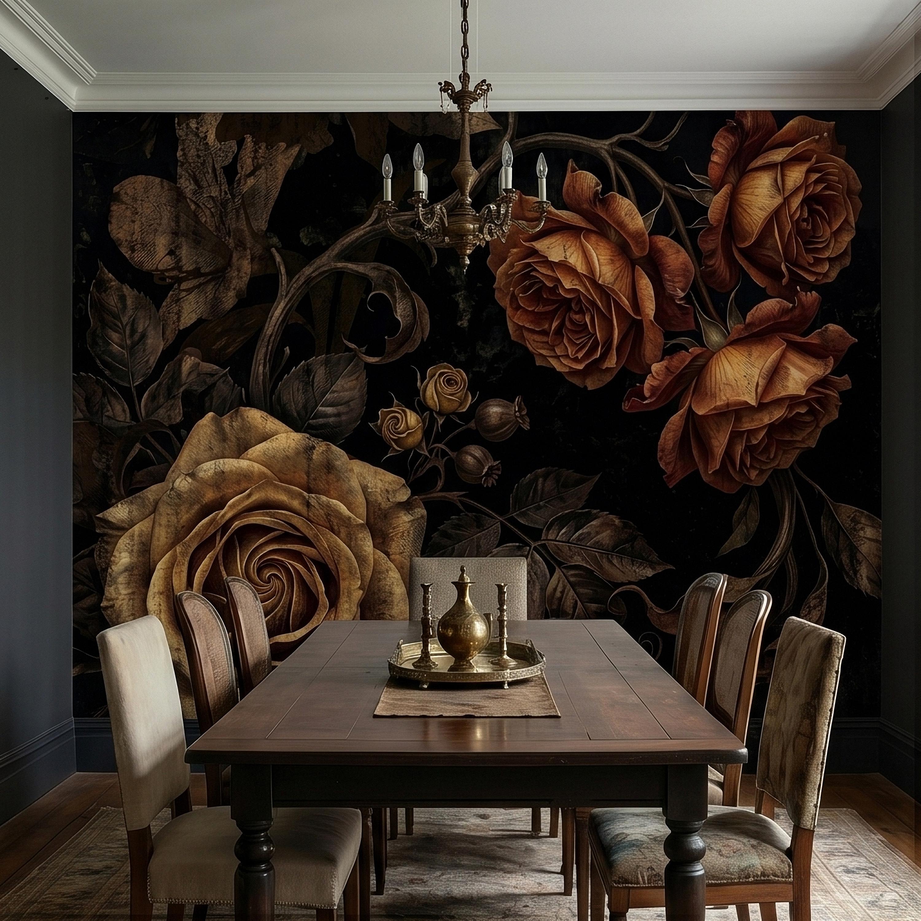 Moody Dark Roses Peel and Stick Wall Mural, Vintage Antique Black Floral Botanical with Bronze Roses, Dramatic Victorian Gothic Wallpaper
