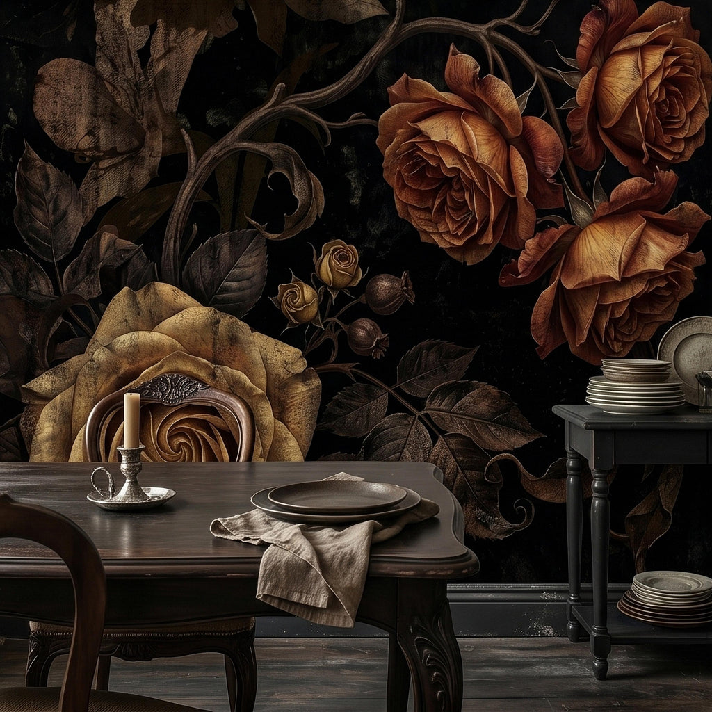 Moody Dark Roses Peel and Stick Wall Mural, Vintage Antique Black Floral Botanical with Bronze Roses, Dramatic Victorian Gothic Wallpaper