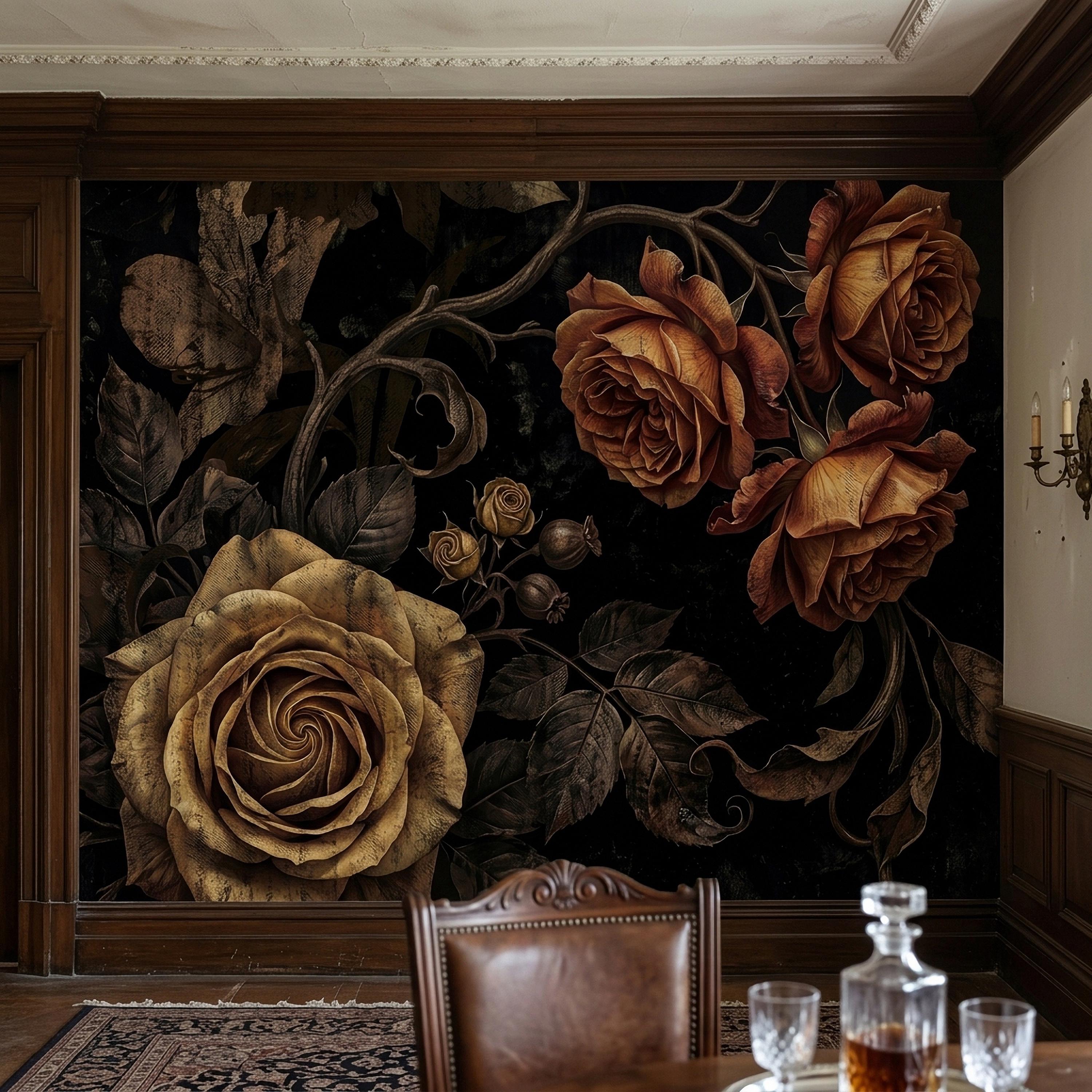 Moody Dark Roses Peel and Stick Wall Mural, Vintage Antique Black Floral Botanical with Bronze Roses, Dramatic Victorian Gothic Wallpaper