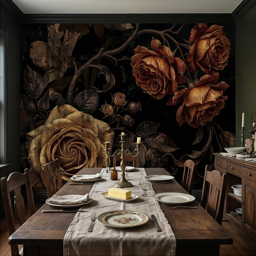 Moody Dark Roses Peel and Stick Wall Mural, Vintage Antique Black Floral Botanical with Bronze Roses, Dramatic Victorian Gothic Wallpaper