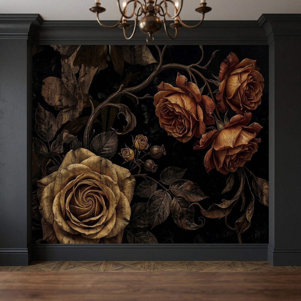 Moody Dark Roses Peel and Stick Wall Mural, Vintage Antique Black Floral Botanical with Bronze Roses, Dramatic Victorian Gothic Wallpaper