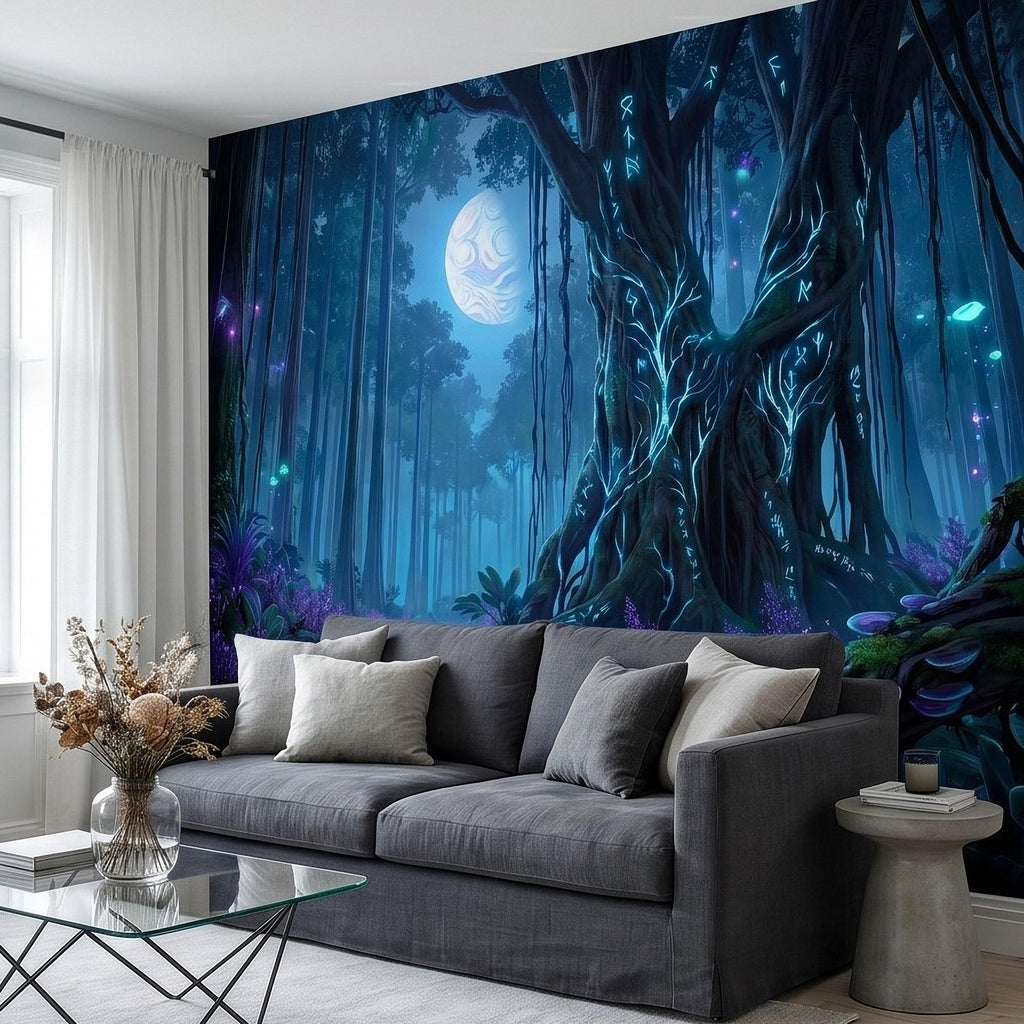 Enchanted Moonlit Forest Peel and Stick Wall Mural, Mystic Rune Tree, Blue Violet Fantasy Woods, Fireflies and Mushrooms Night Wallpaper