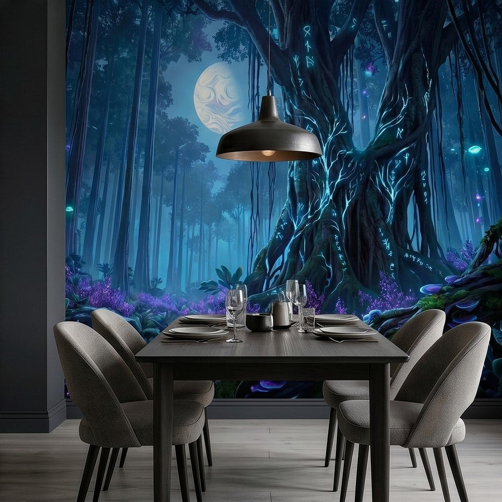 Enchanted Moonlit Forest Peel and Stick Wall Mural, Mystic Rune Tree, Blue Violet Fantasy Woods, Fireflies and Mushrooms Night Wallpaper