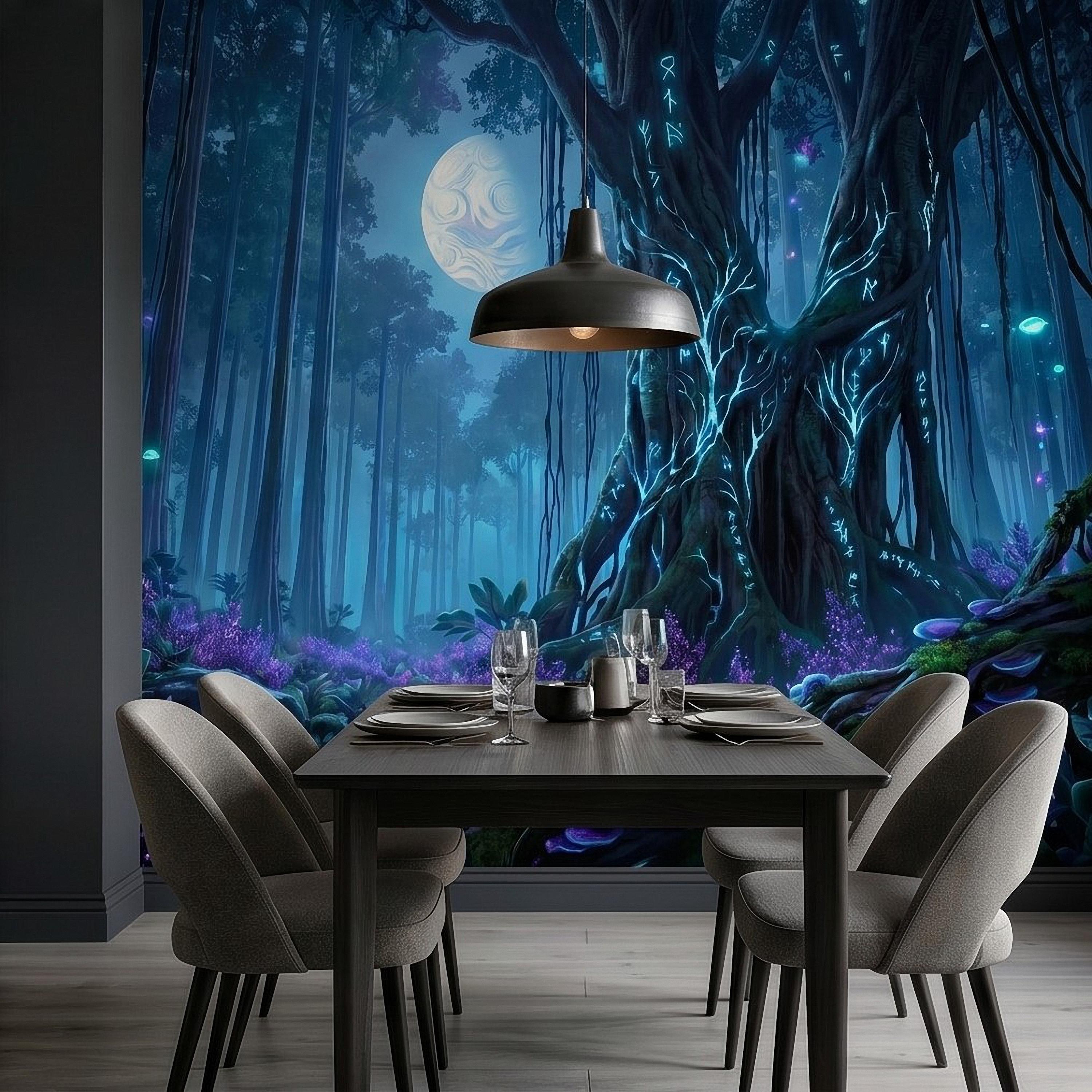 Enchanted Moonlit Forest Peel and Stick Wall Mural, Mystic Rune Tree, Blue Violet Fantasy Woods, Fireflies and Mushrooms Night Wallpaper