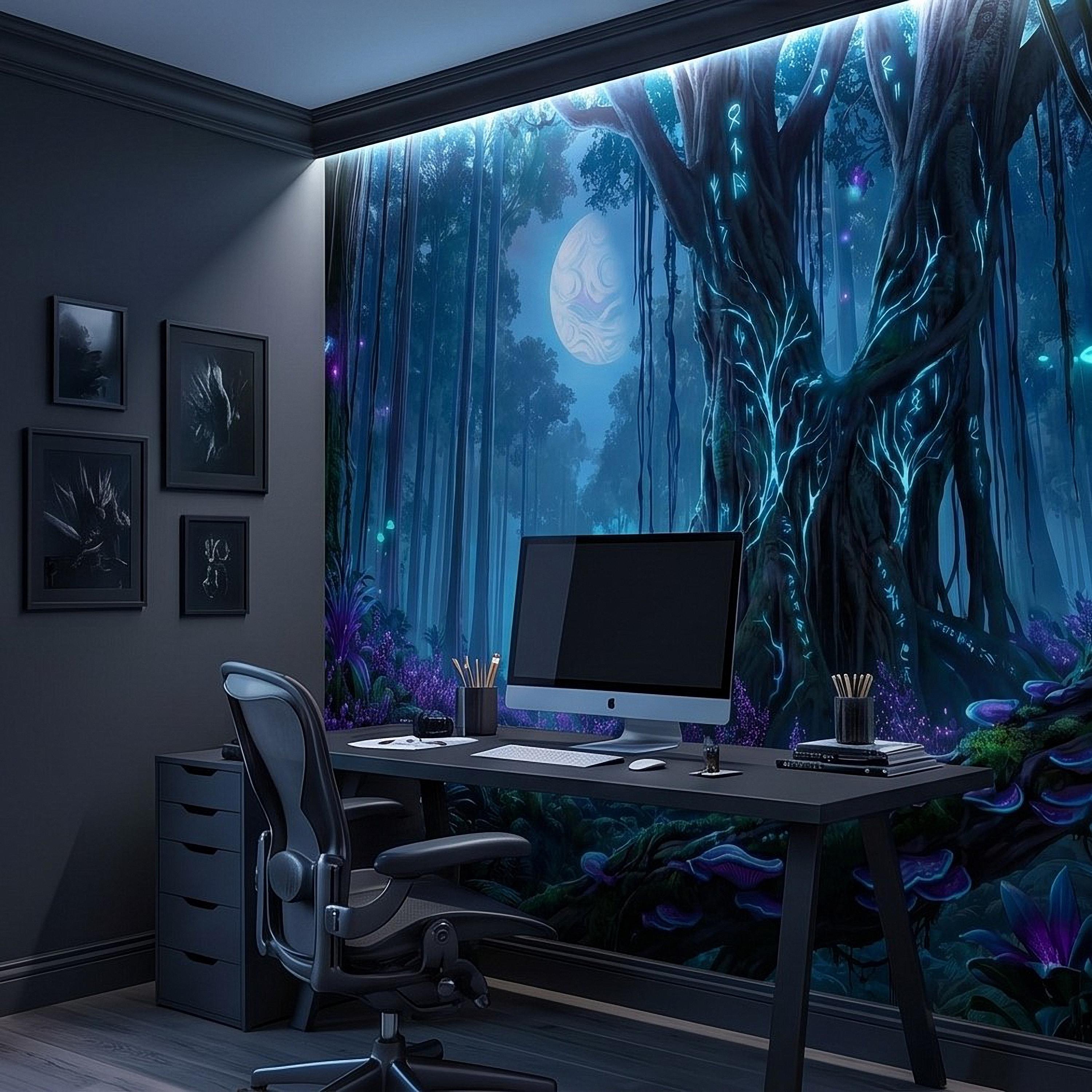 Enchanted Moonlit Forest Peel and Stick Wall Mural, Mystic Rune Tree, Blue Violet Fantasy Woods, Fireflies and Mushrooms Night Wallpaper