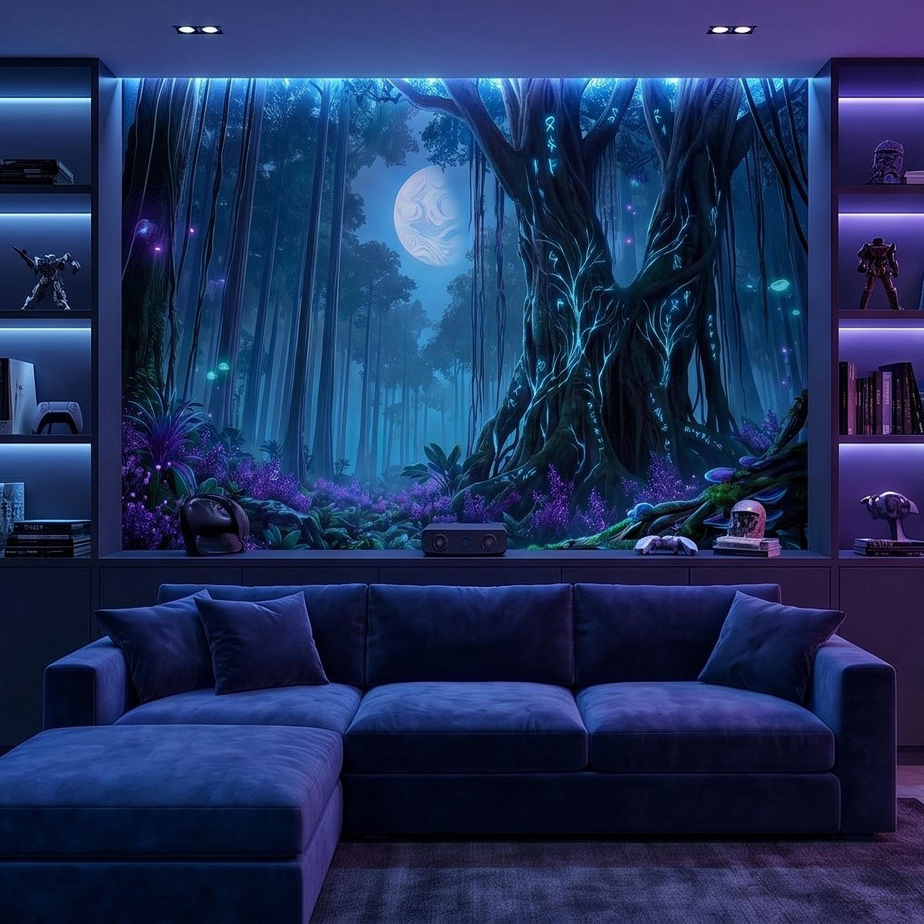 Enchanted Moonlit Forest Peel and Stick Wall Mural, Mystic Rune Tree, Blue Violet Fantasy Woods, Fireflies and Mushrooms Night Wallpaper