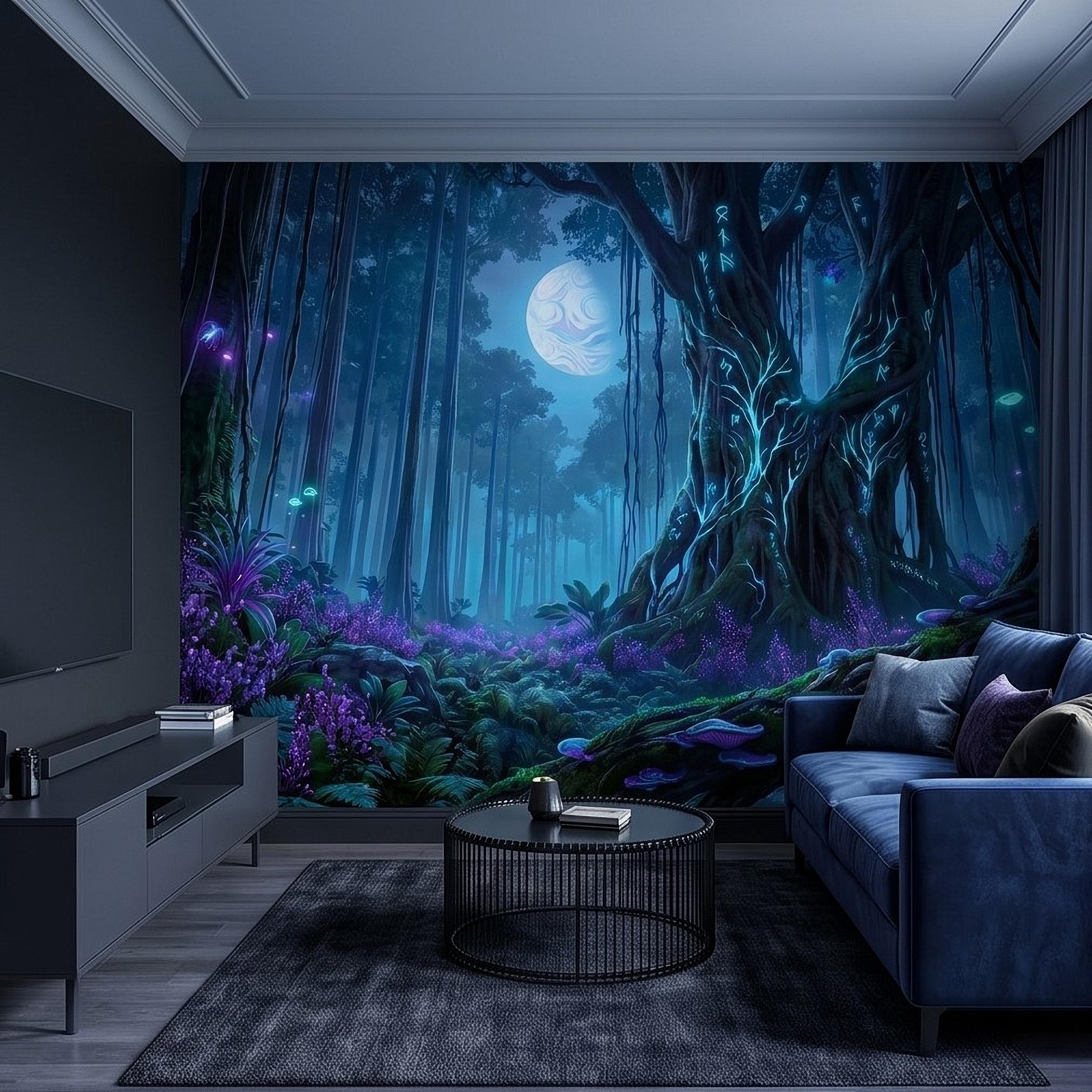 Enchanted Moonlit Forest Peel and Stick Wall Mural, Mystic Rune Tree, Blue Violet Fantasy Woods, Fireflies and Mushrooms Night Wallpaper