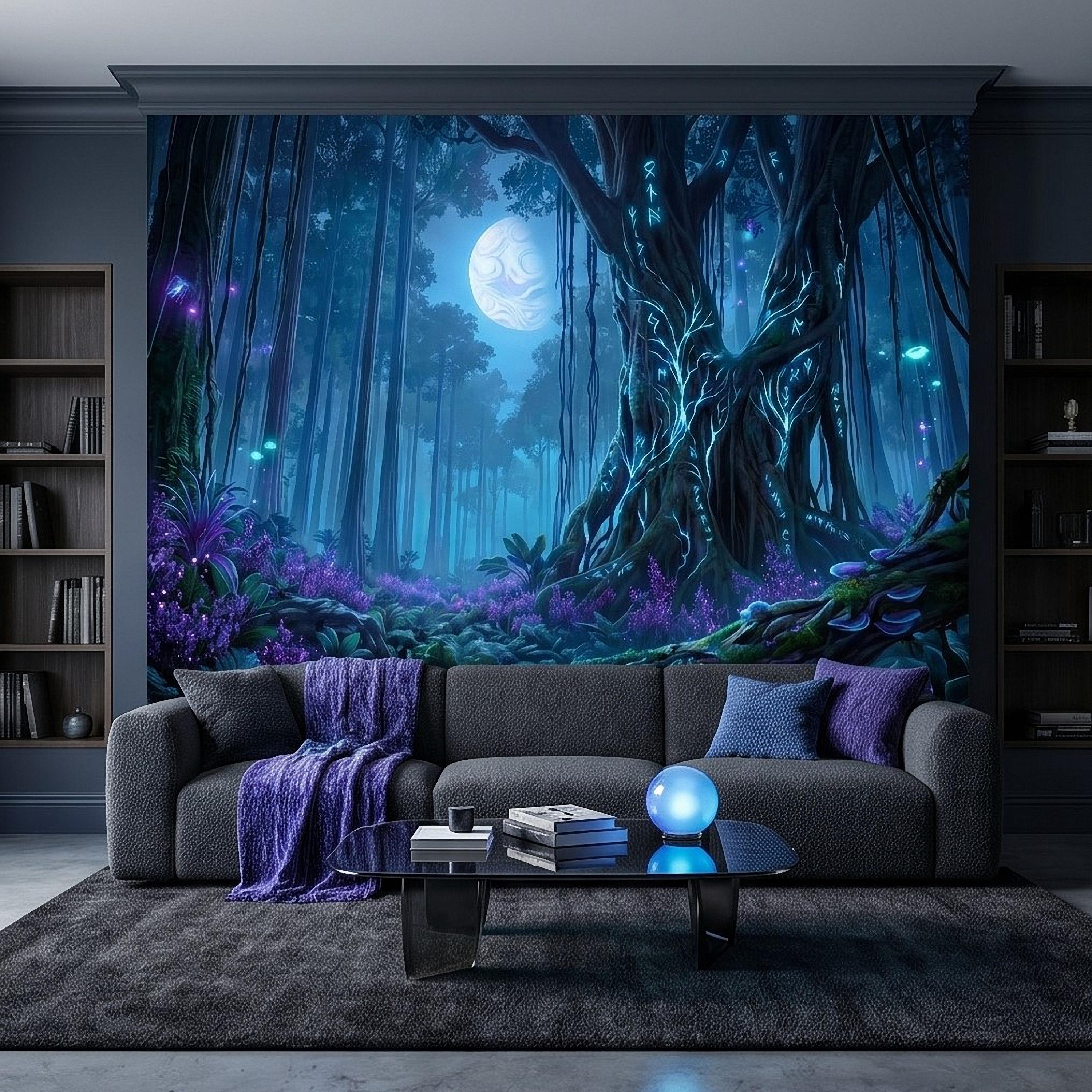 Enchanted Moonlit Forest Peel and Stick Wall Mural, Mystic Rune Tree, Blue Violet Fantasy Woods, Fireflies and Mushrooms Night Wallpaper