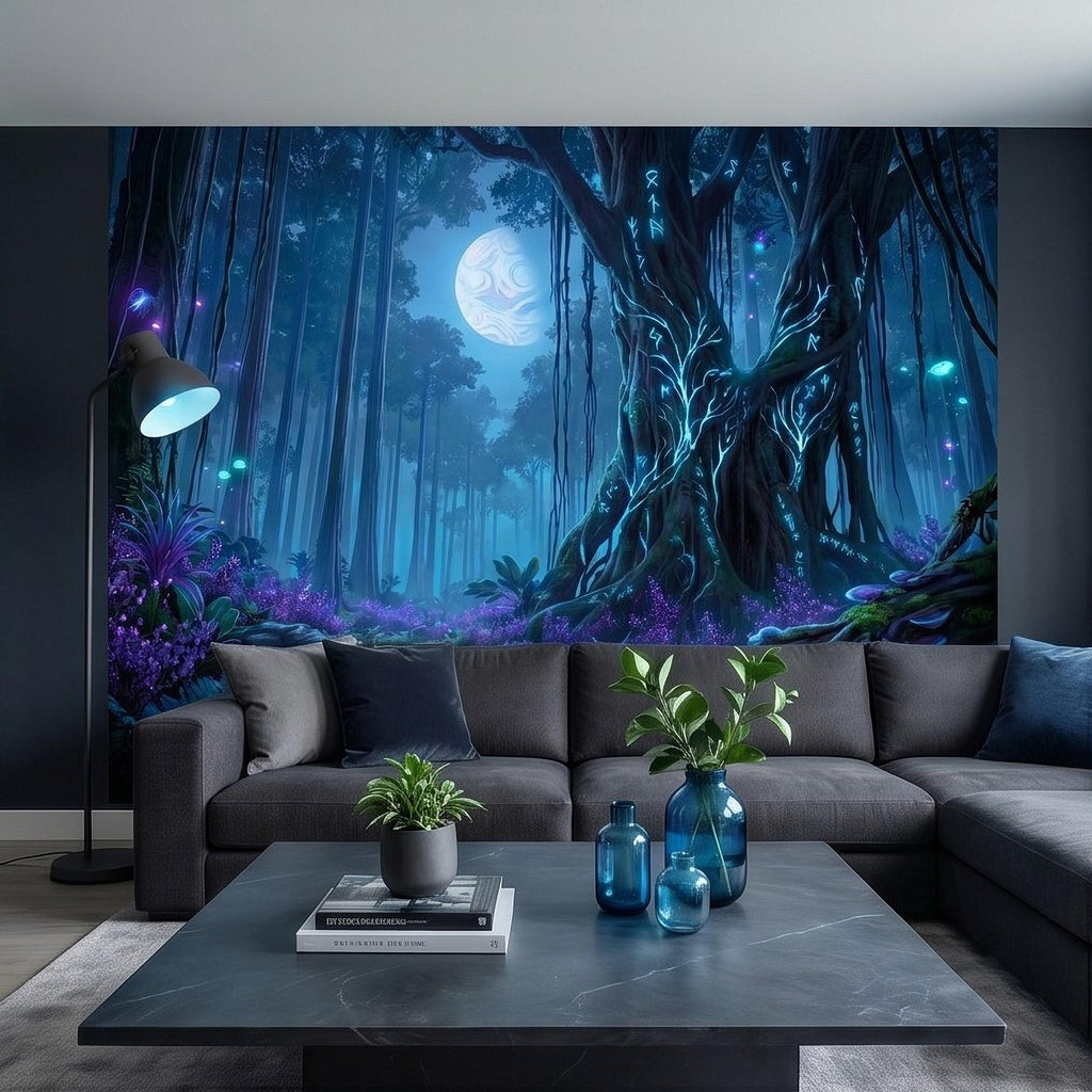 Enchanted Moonlit Forest Peel and Stick Wall Mural, Mystic Rune Tree, Blue Violet Fantasy Woods, Fireflies and Mushrooms Night Wallpaper