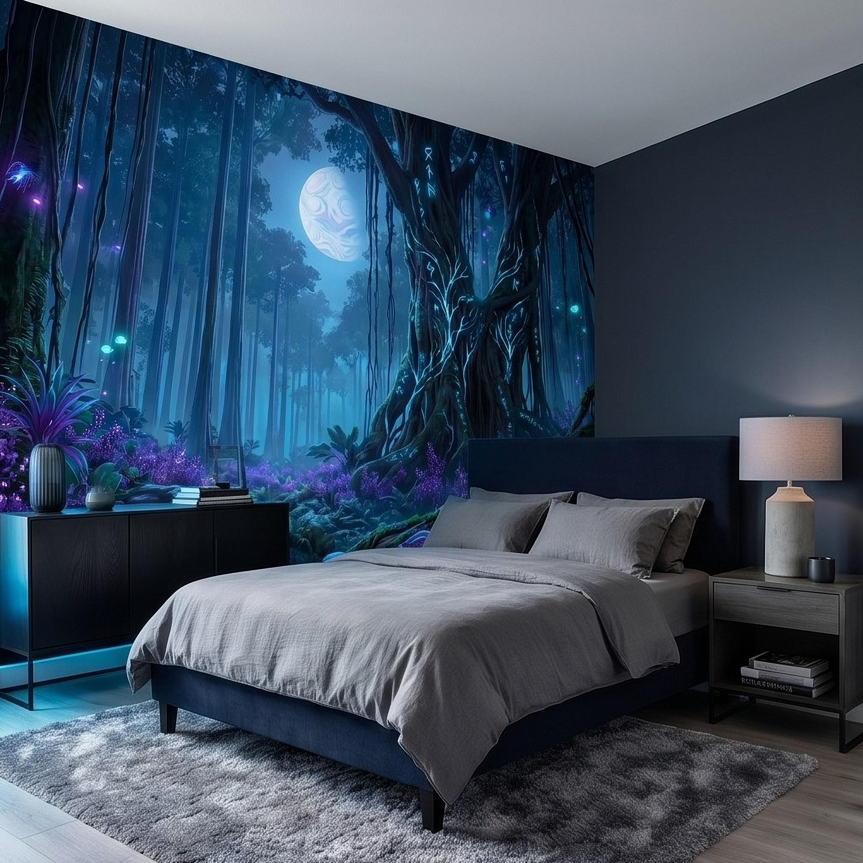 Enchanted Moonlit Forest Peel and Stick Wall Mural, Mystic Rune Tree, Blue Violet Fantasy Woods, Fireflies and Mushrooms Night Wallpaper